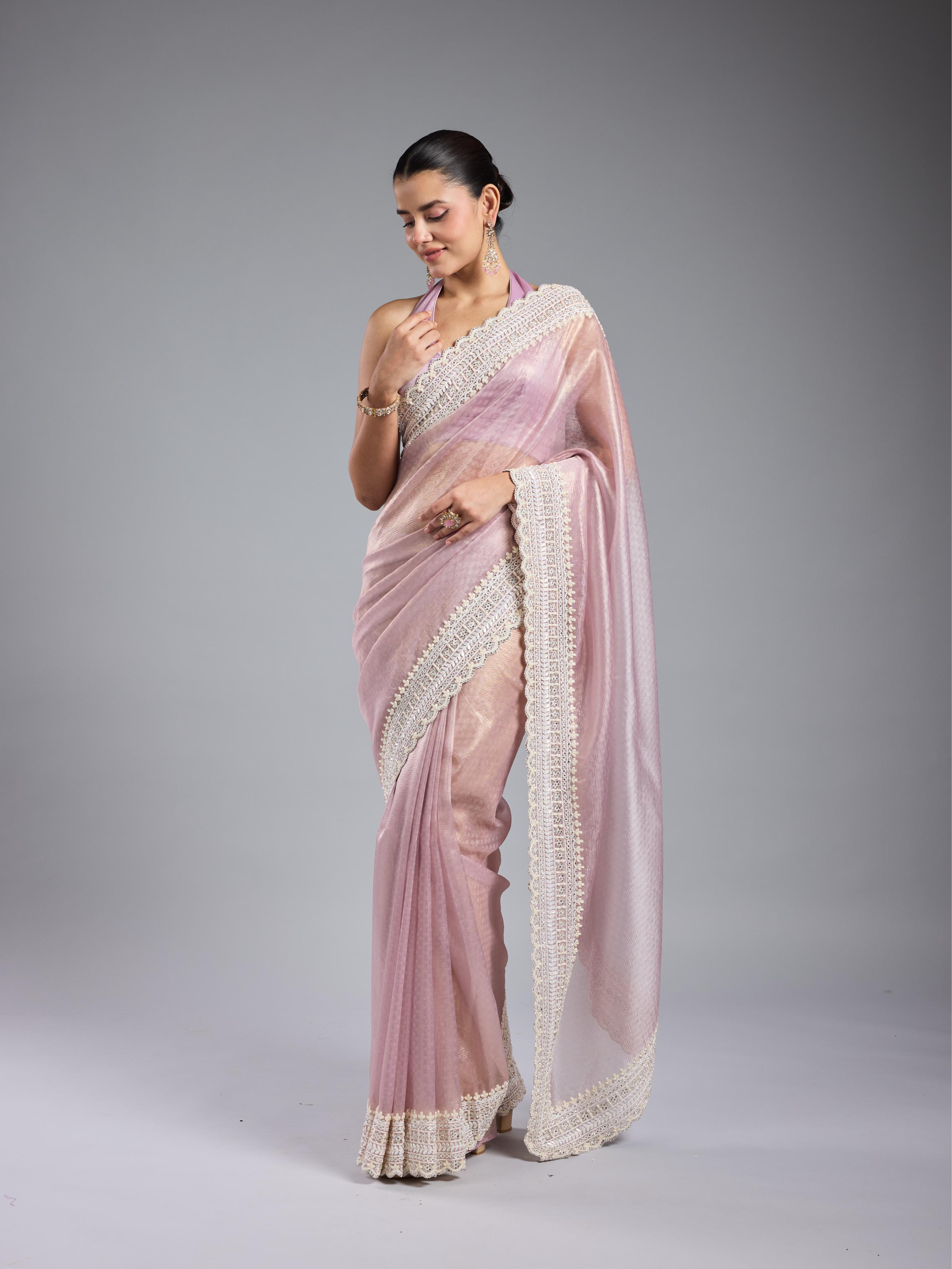 Pastel Pink Embroidered Shimmer Silk Saree