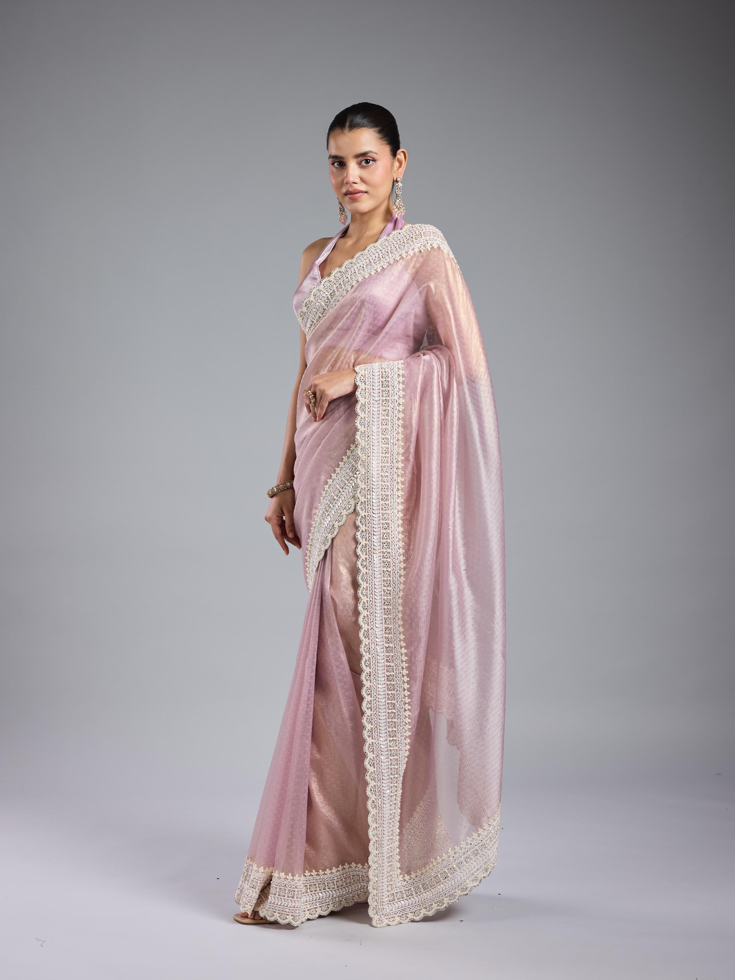 Pastel Pink Embroidered Shimmer Silk Saree