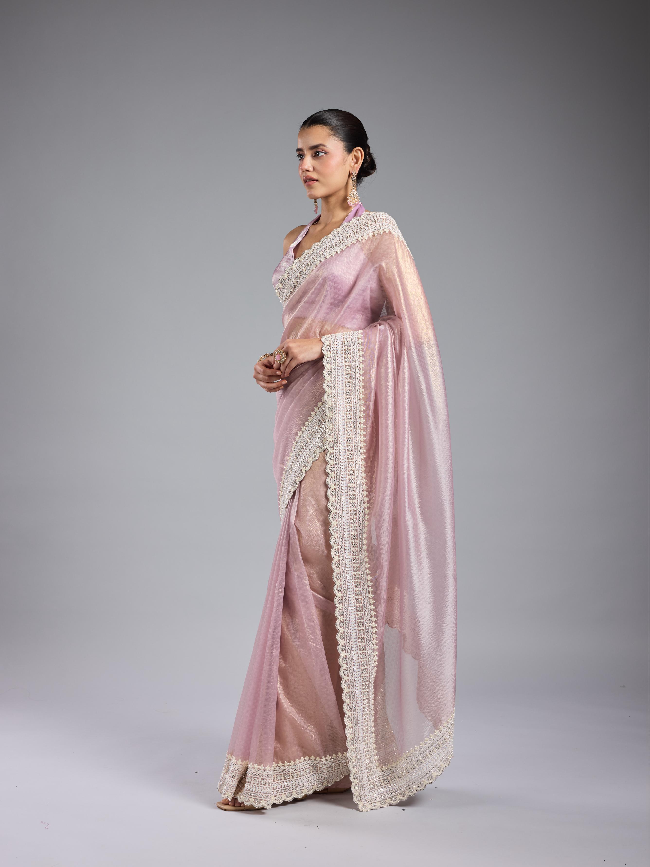 Pastel Pink Embroidered Shimmer Silk Saree