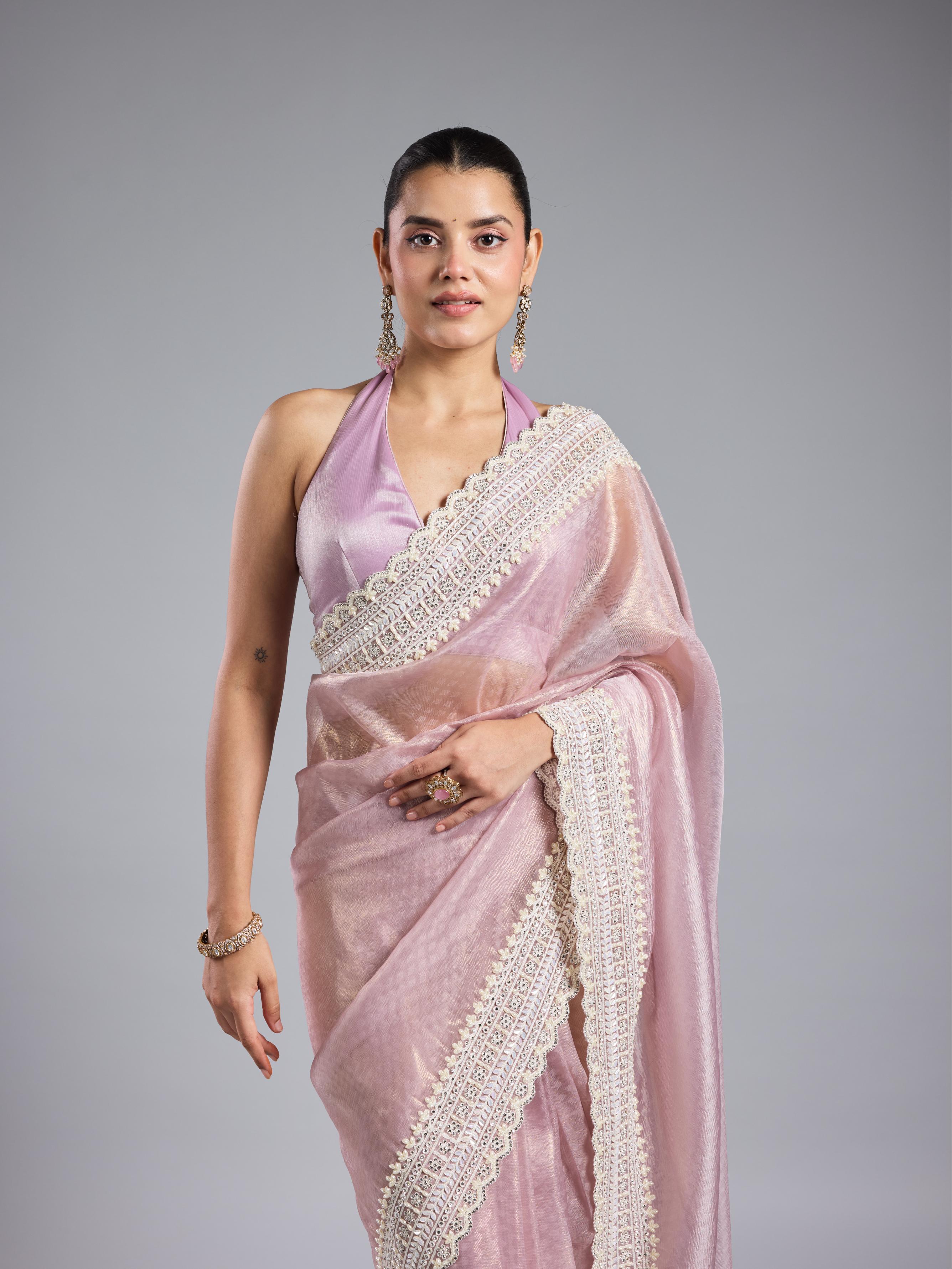 Pastel Pink Embroidered Shimmer Silk Saree