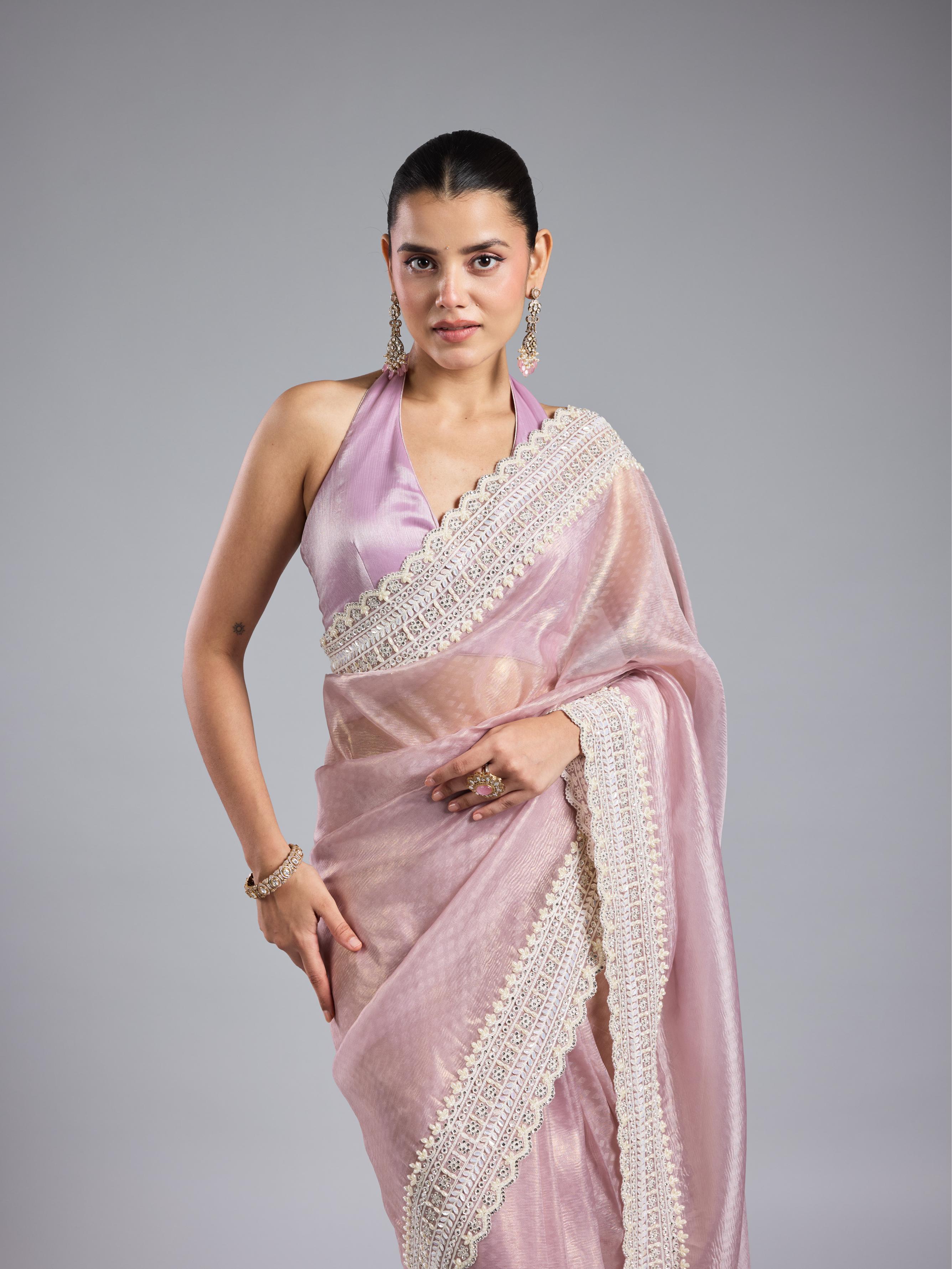 Pastel Pink Embroidered Shimmer Silk Saree