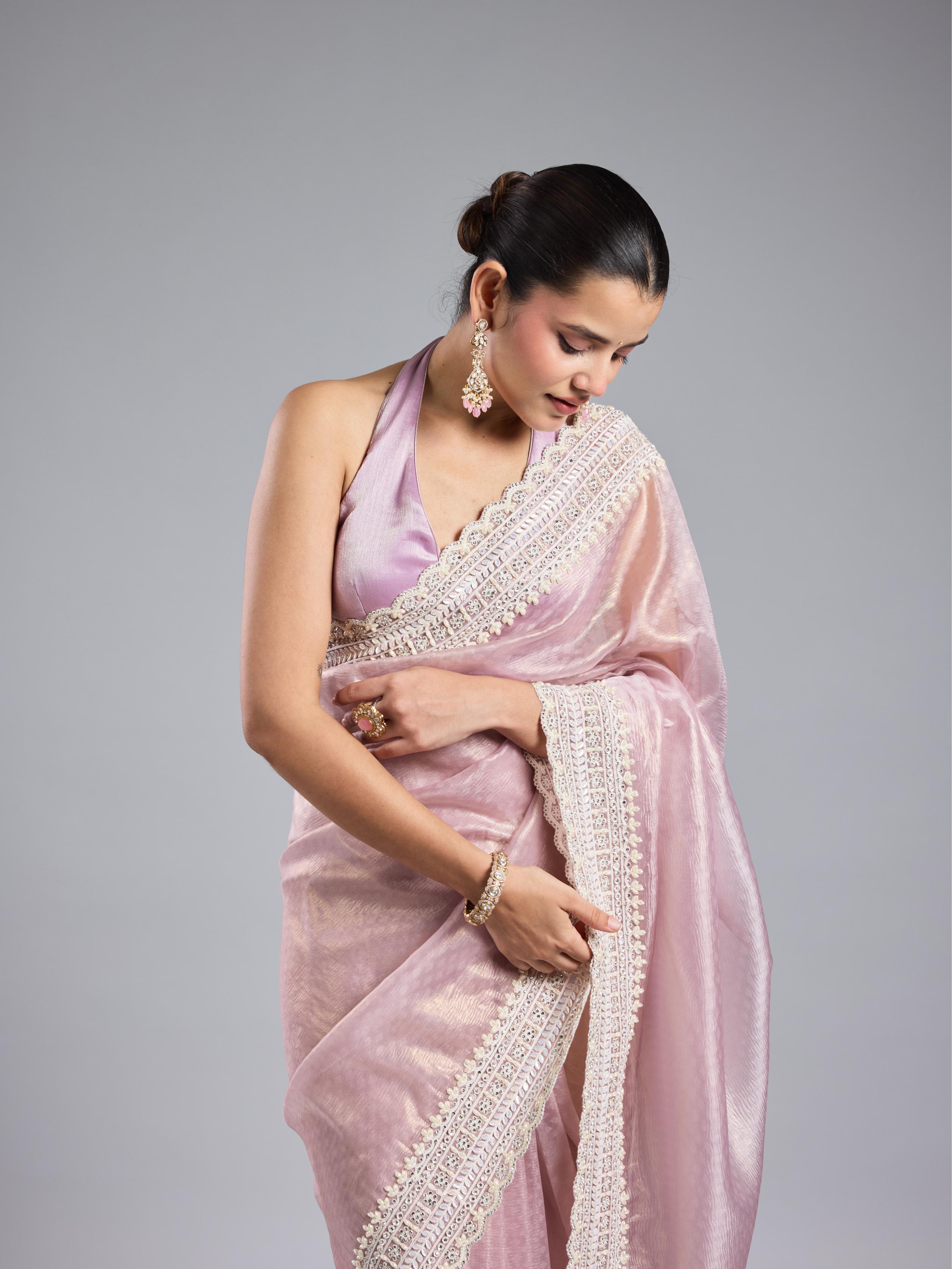 Pastel Pink Embroidered Shimmer Silk Saree