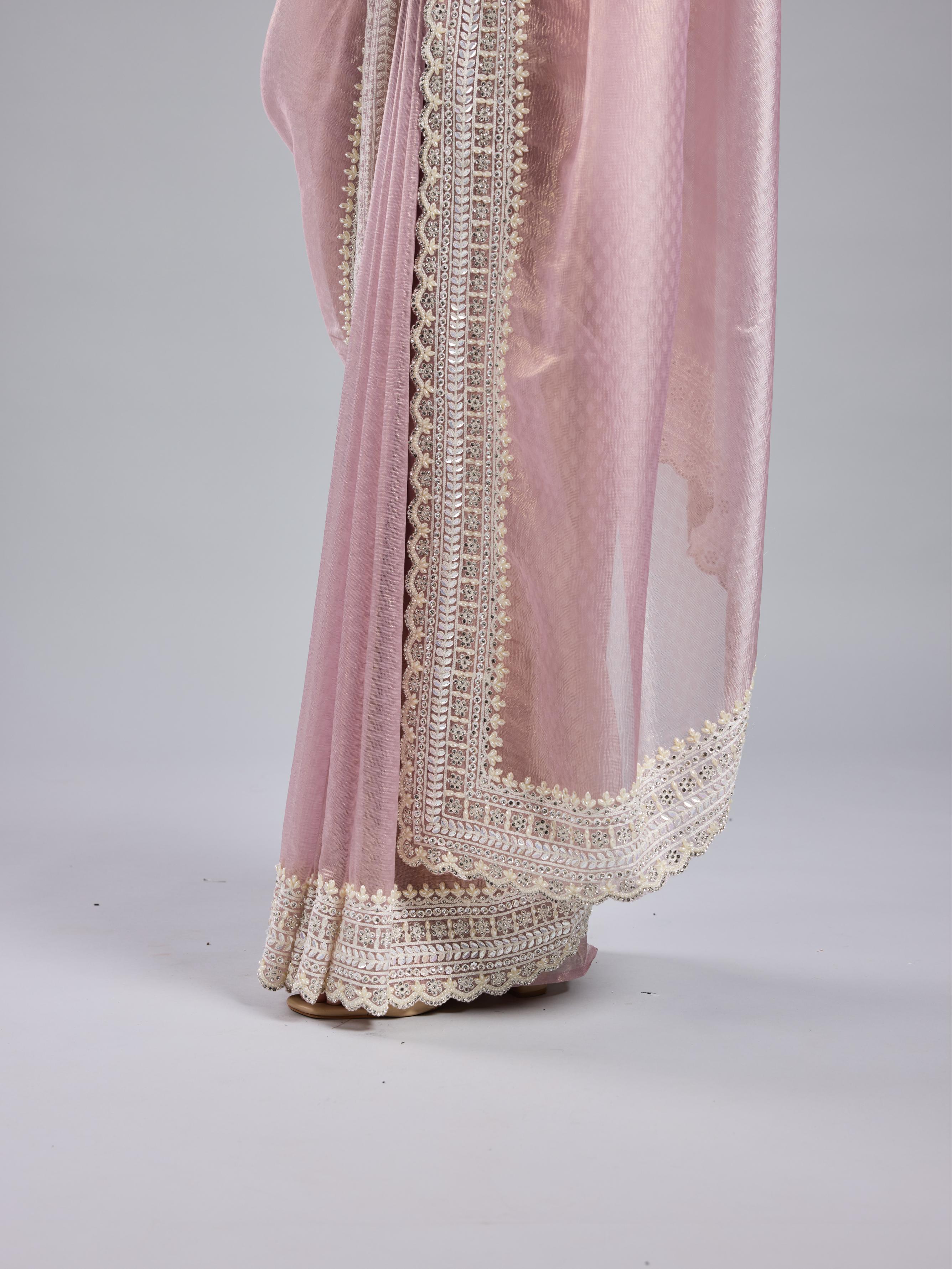 Pastel Pink Embroidered Shimmer Silk Saree