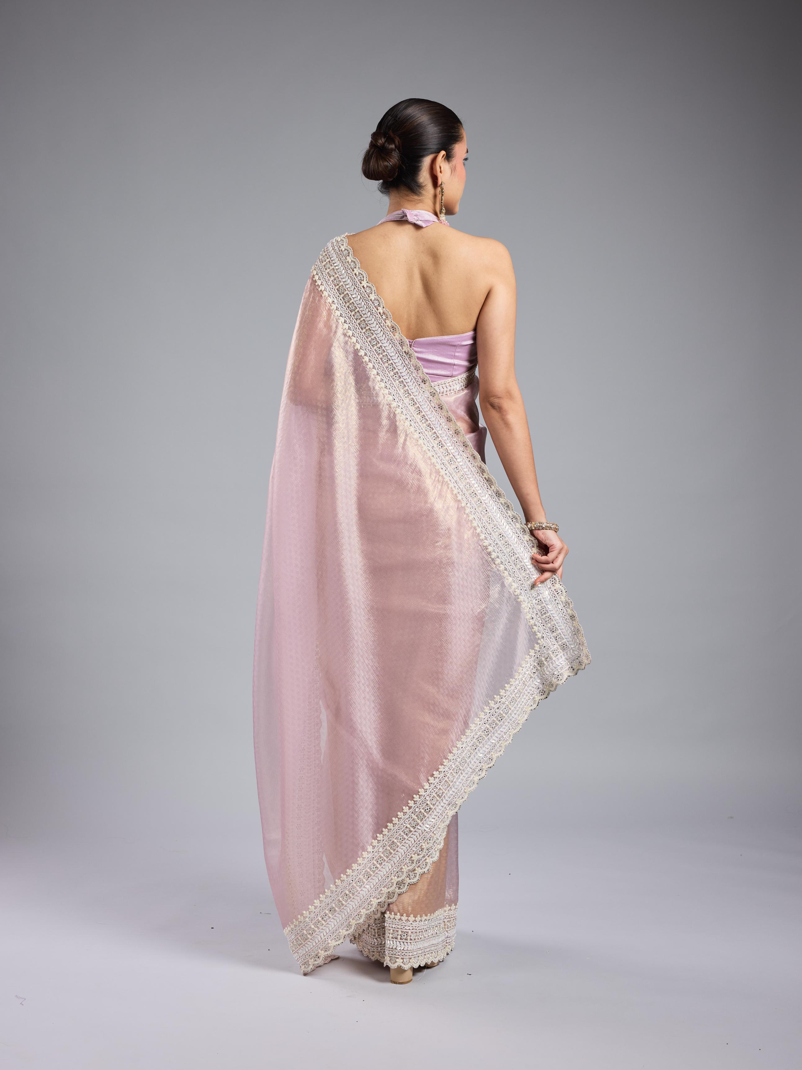 Pastel Pink Embroidered Shimmer Silk Saree