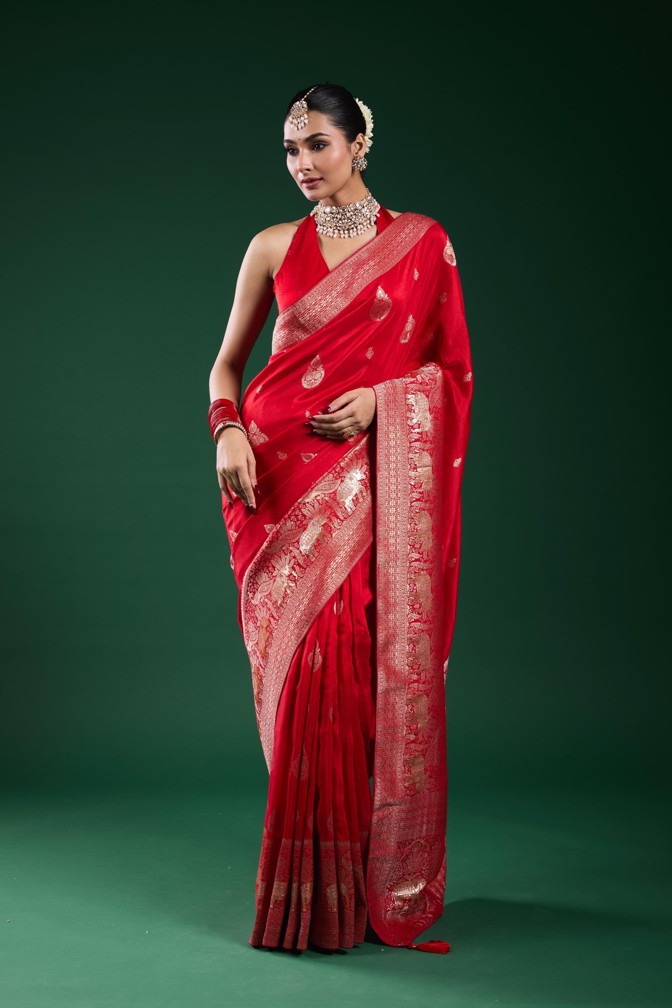 Bright Red Dola Silk Saree