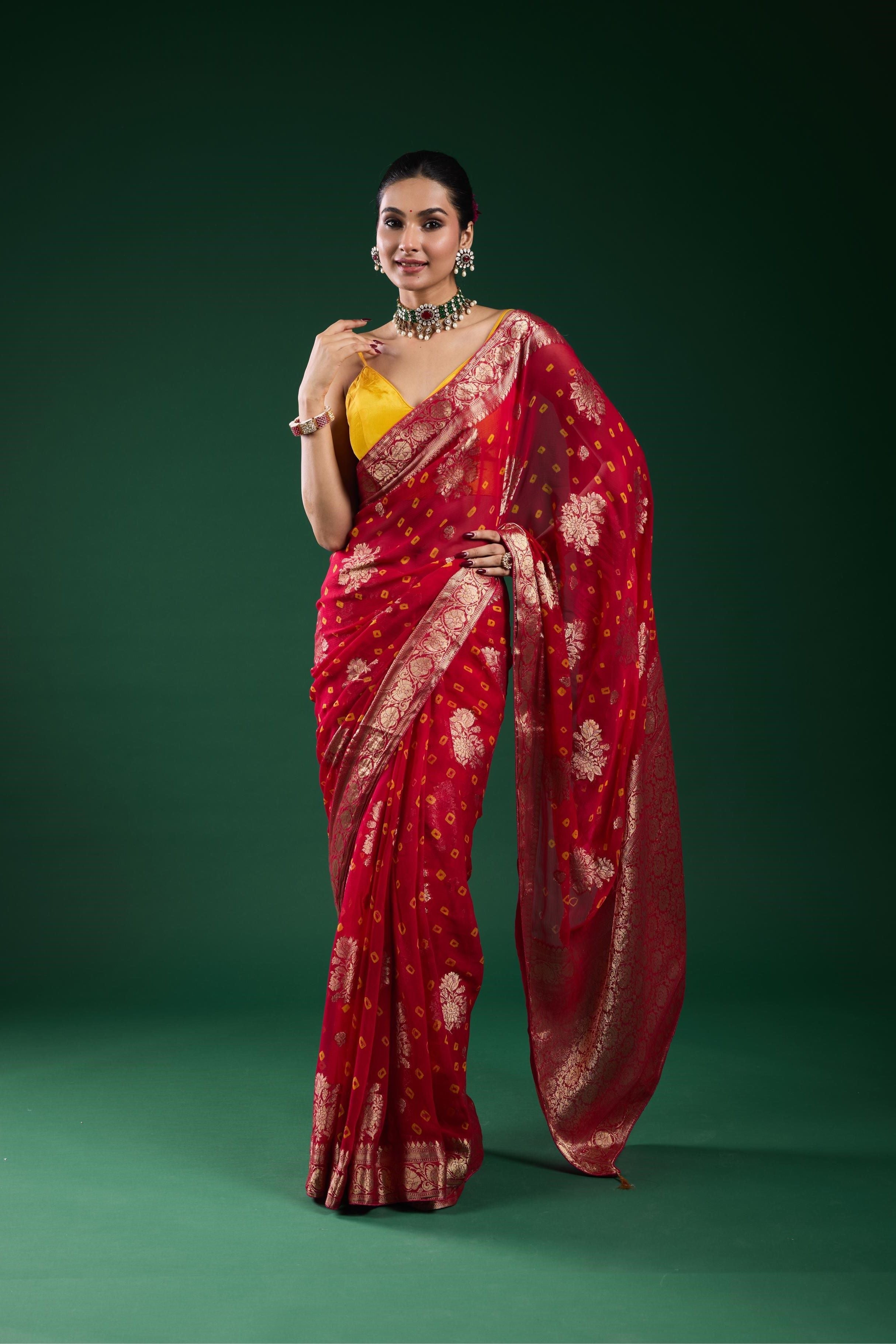 Red Bandhej Dola Silk Saree