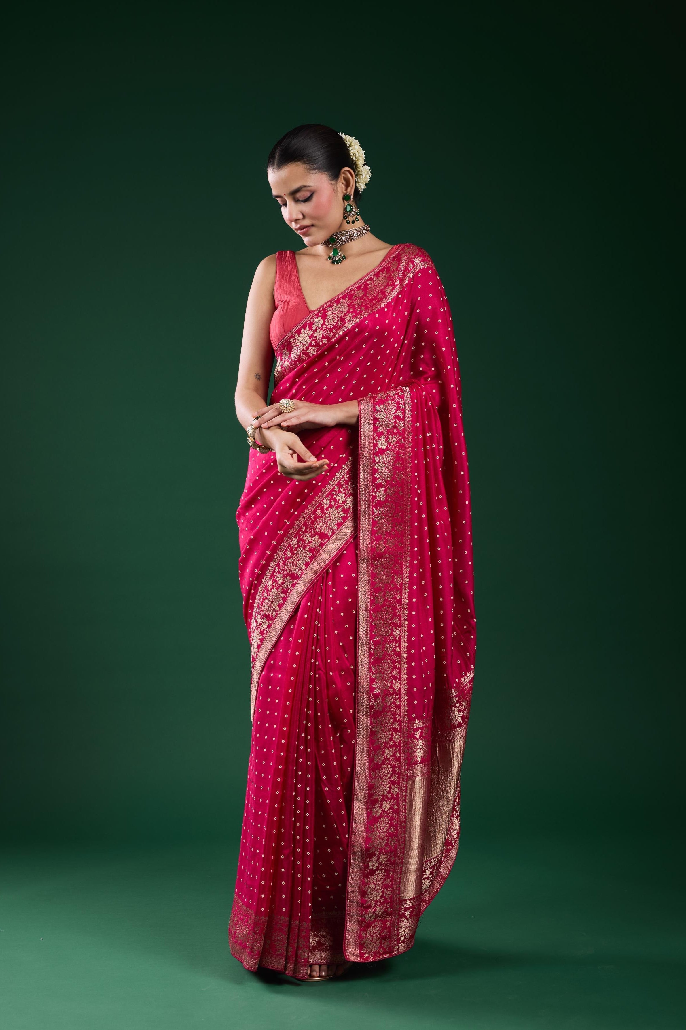 Pink Bandhej Printed Cosmo Silk Saree