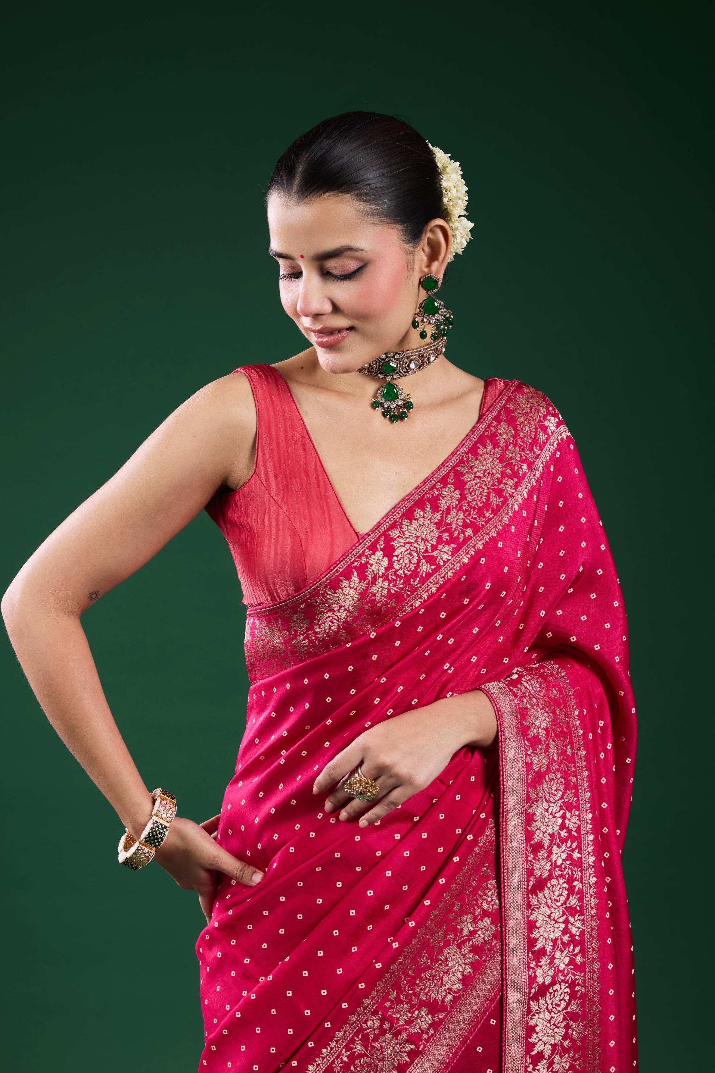 Pink Bandhej Printed Cosmo Silk Saree