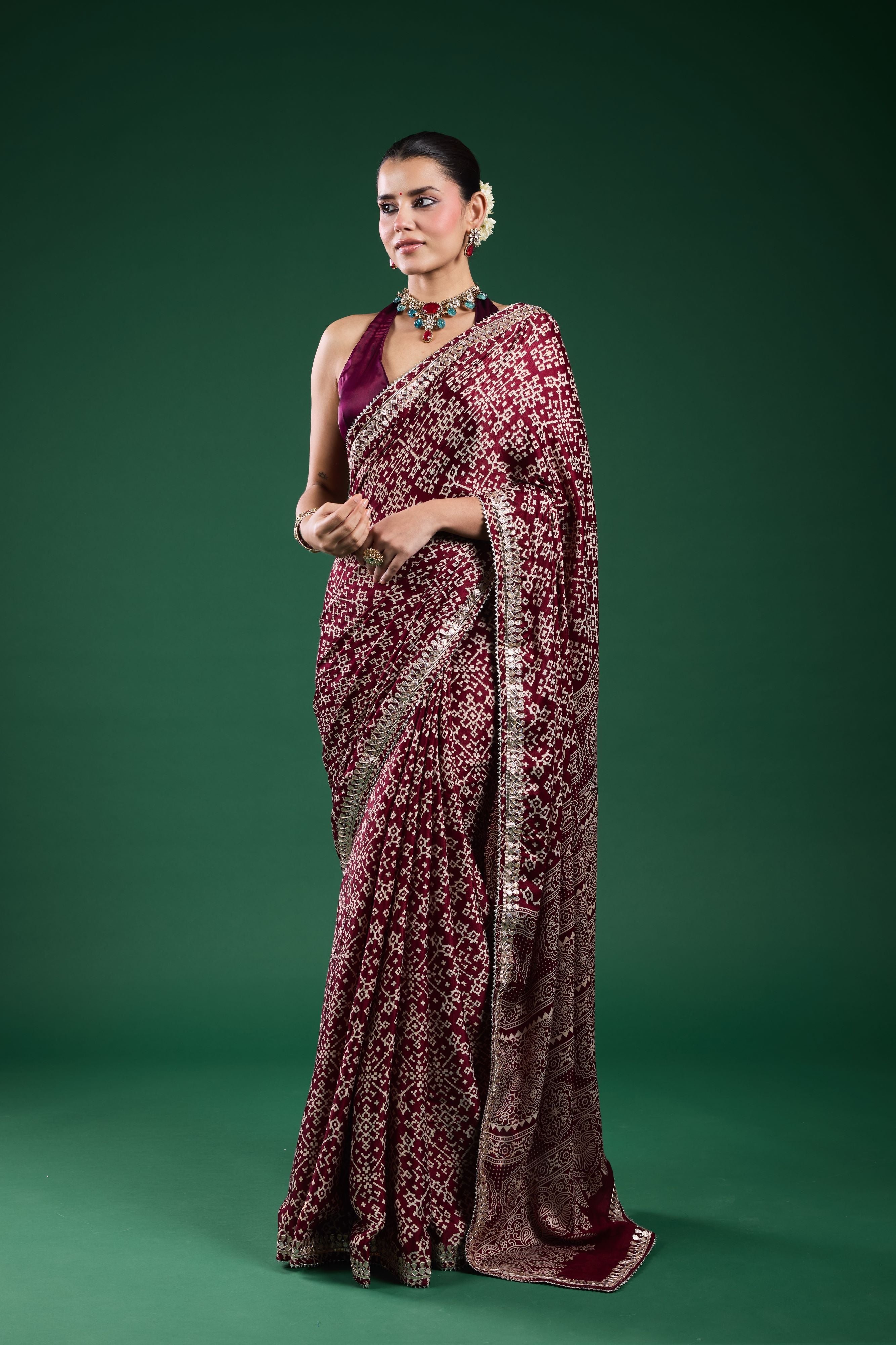 Burgundy Ajrakh Printed Modal Silk Saree