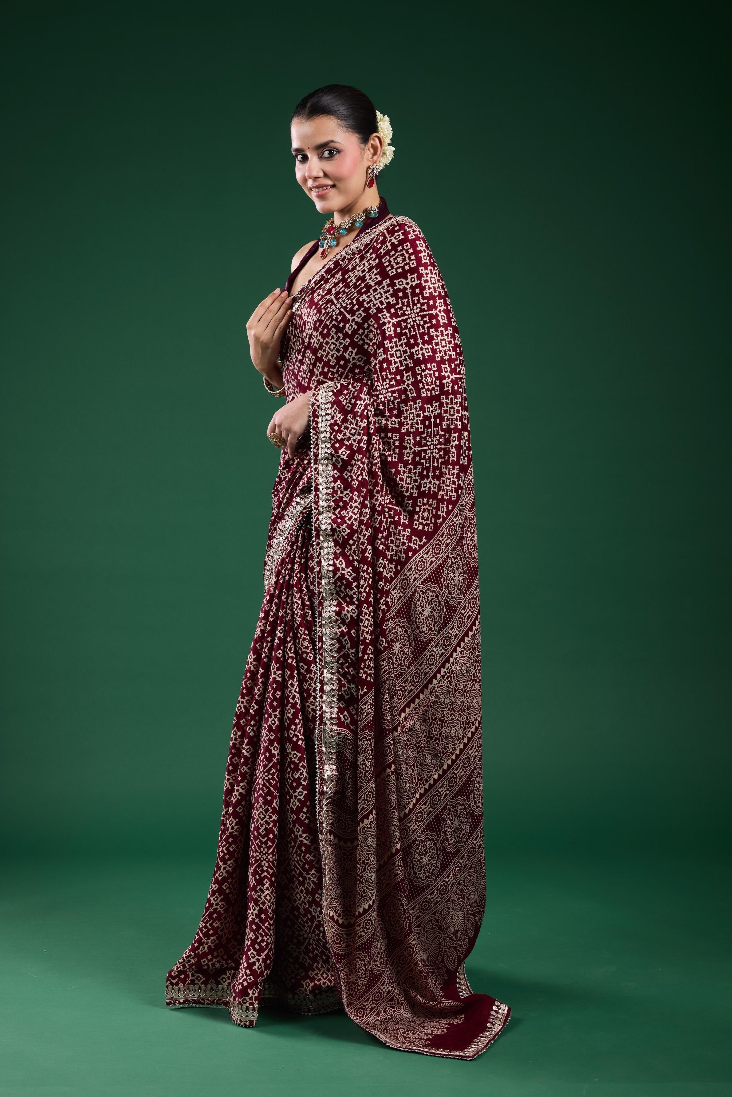 Burgundy Ajrakh Printed Modal Silk Saree