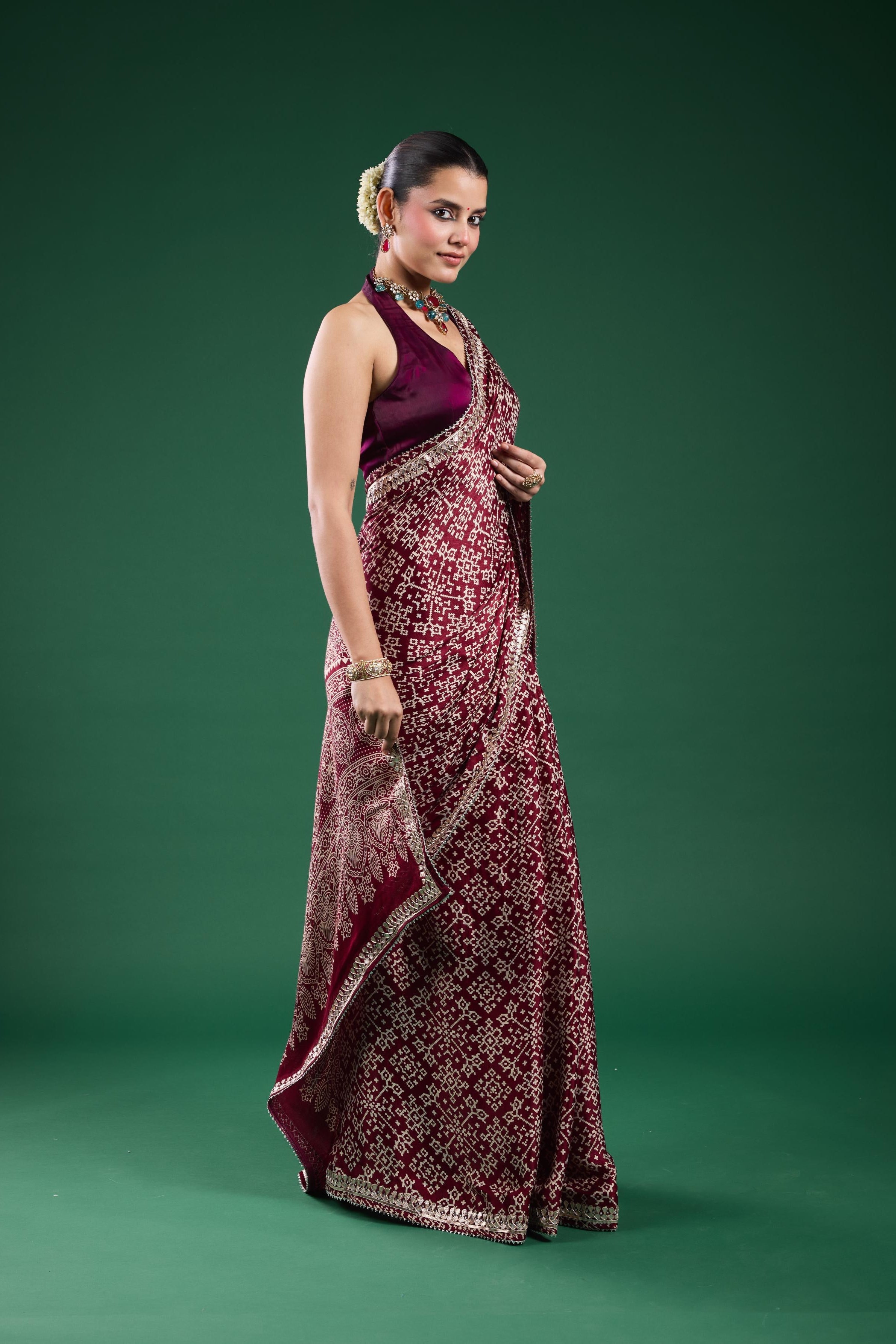 Burgundy Ajrakh Printed Modal Silk Saree