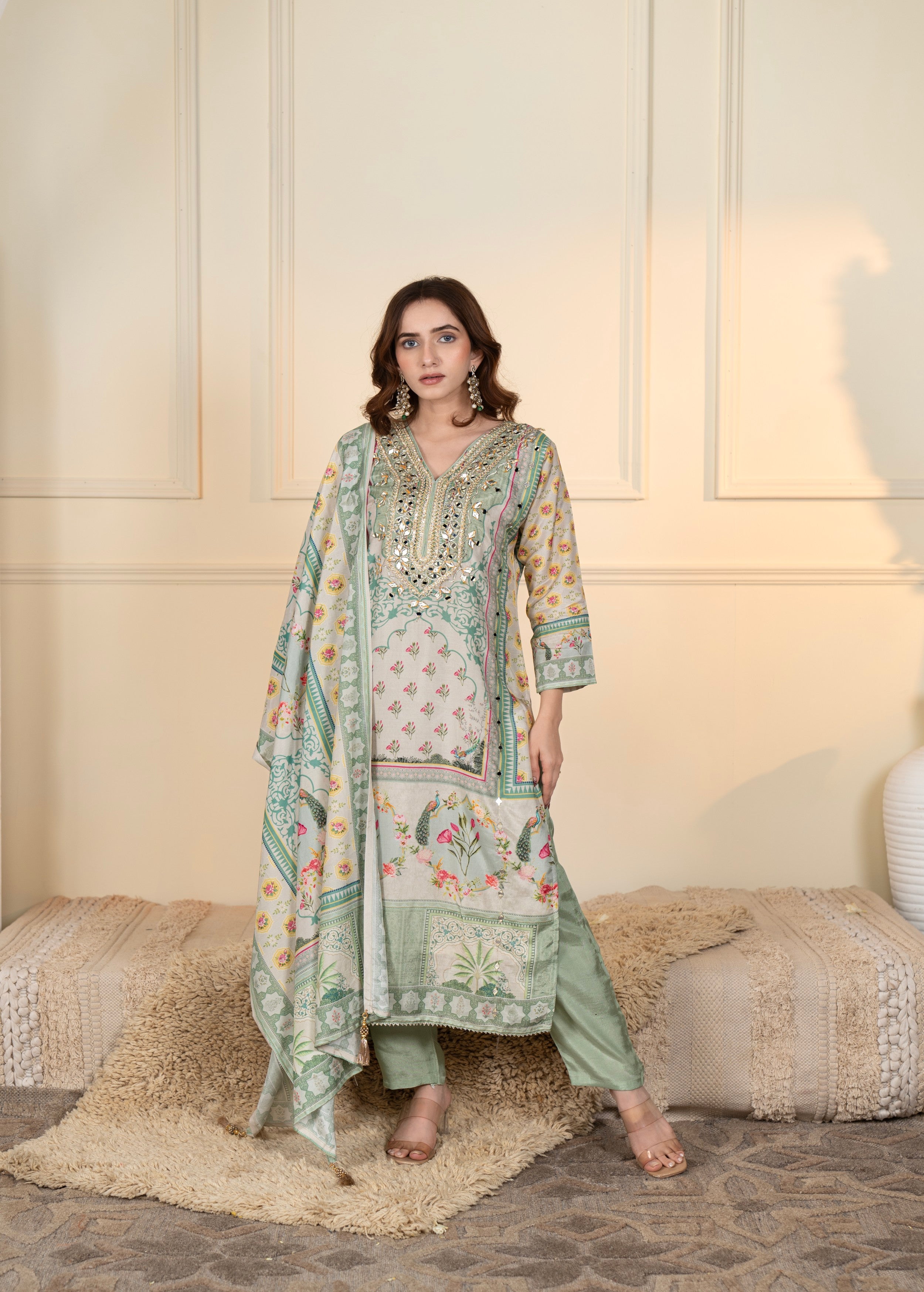 Mint Green Embellished Muslin Silk Pant Set