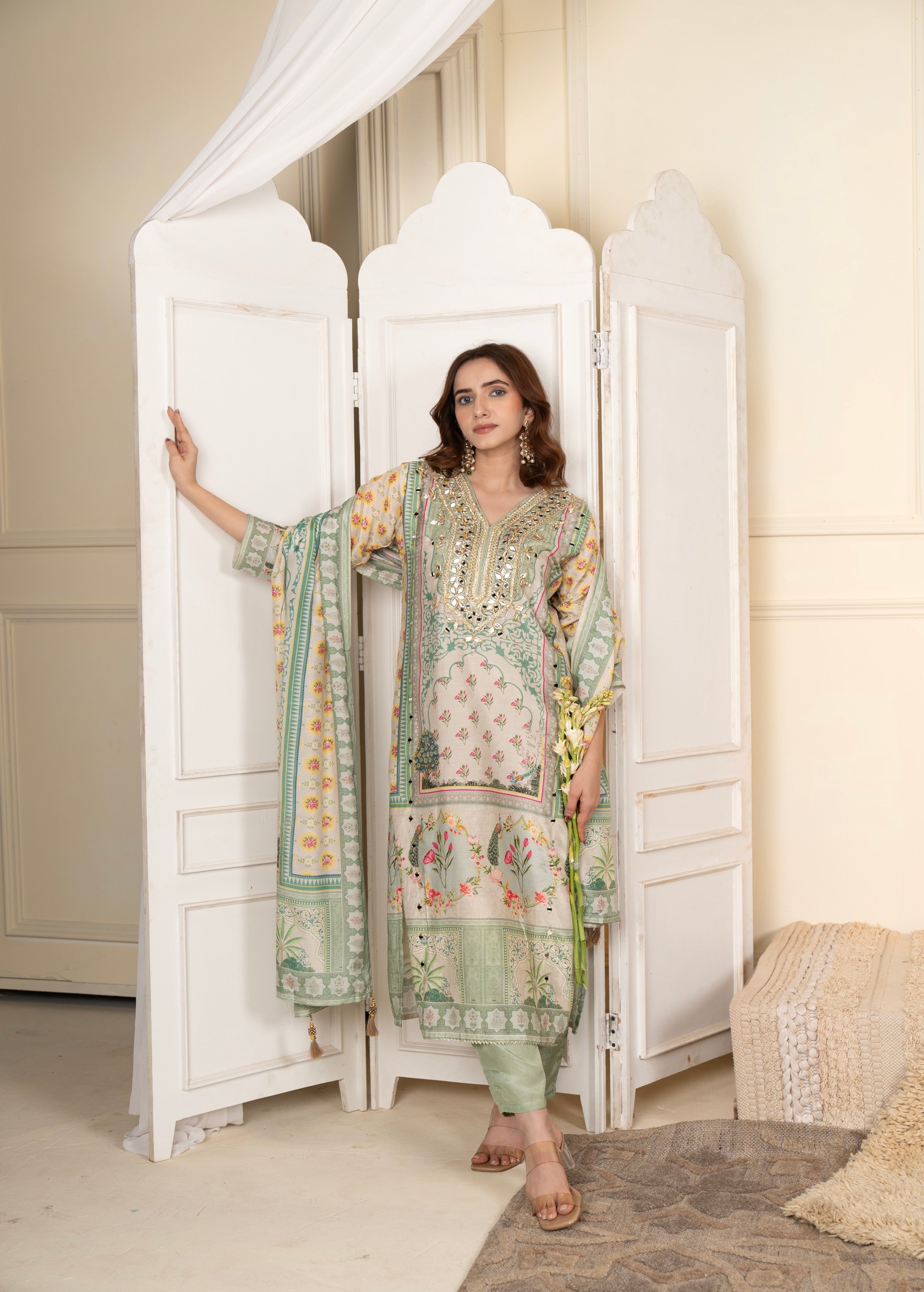 Mint Green Embellished Muslin Silk Pant Set