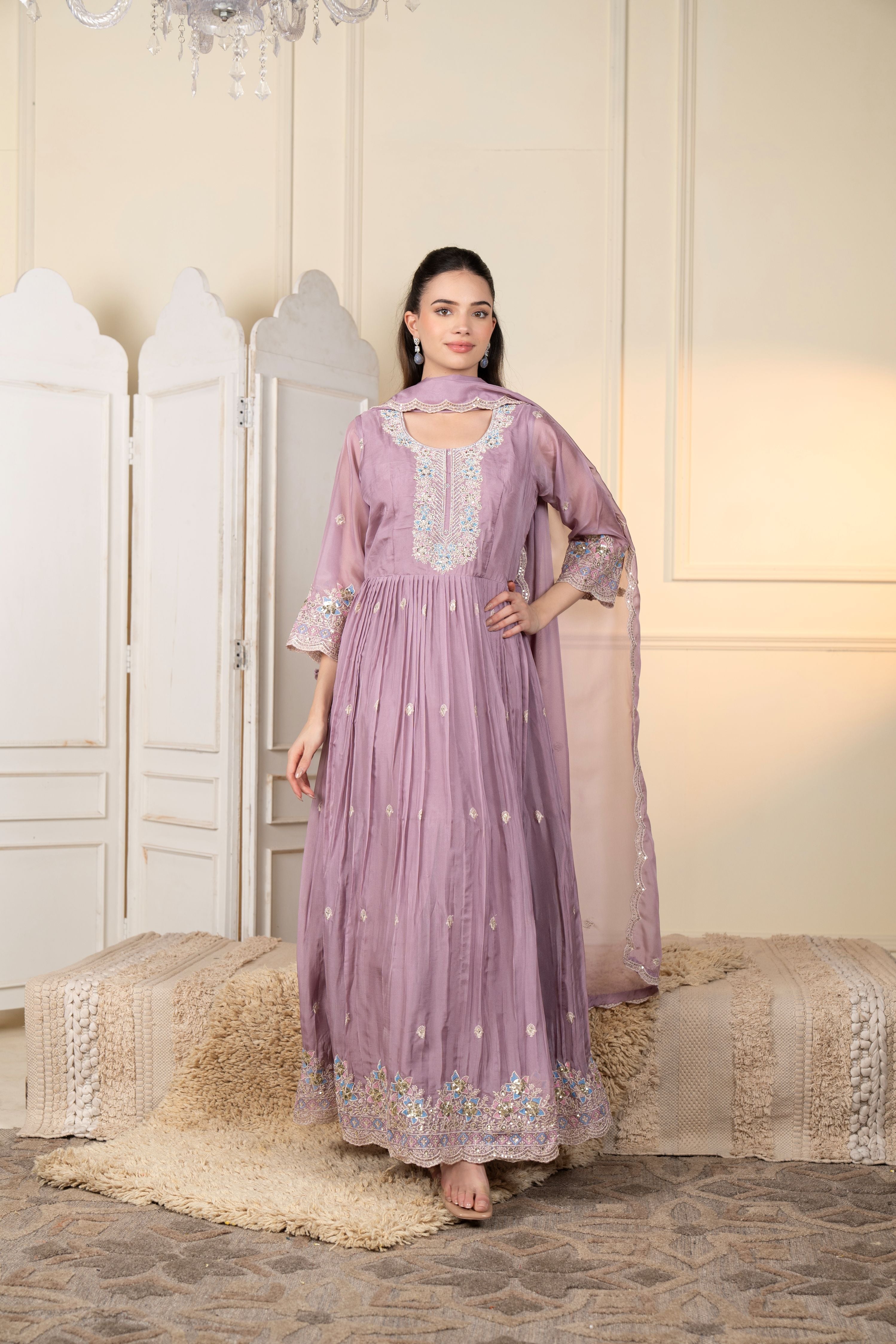 Lavender Pink Embellished Crepe Silk Anarkali Set