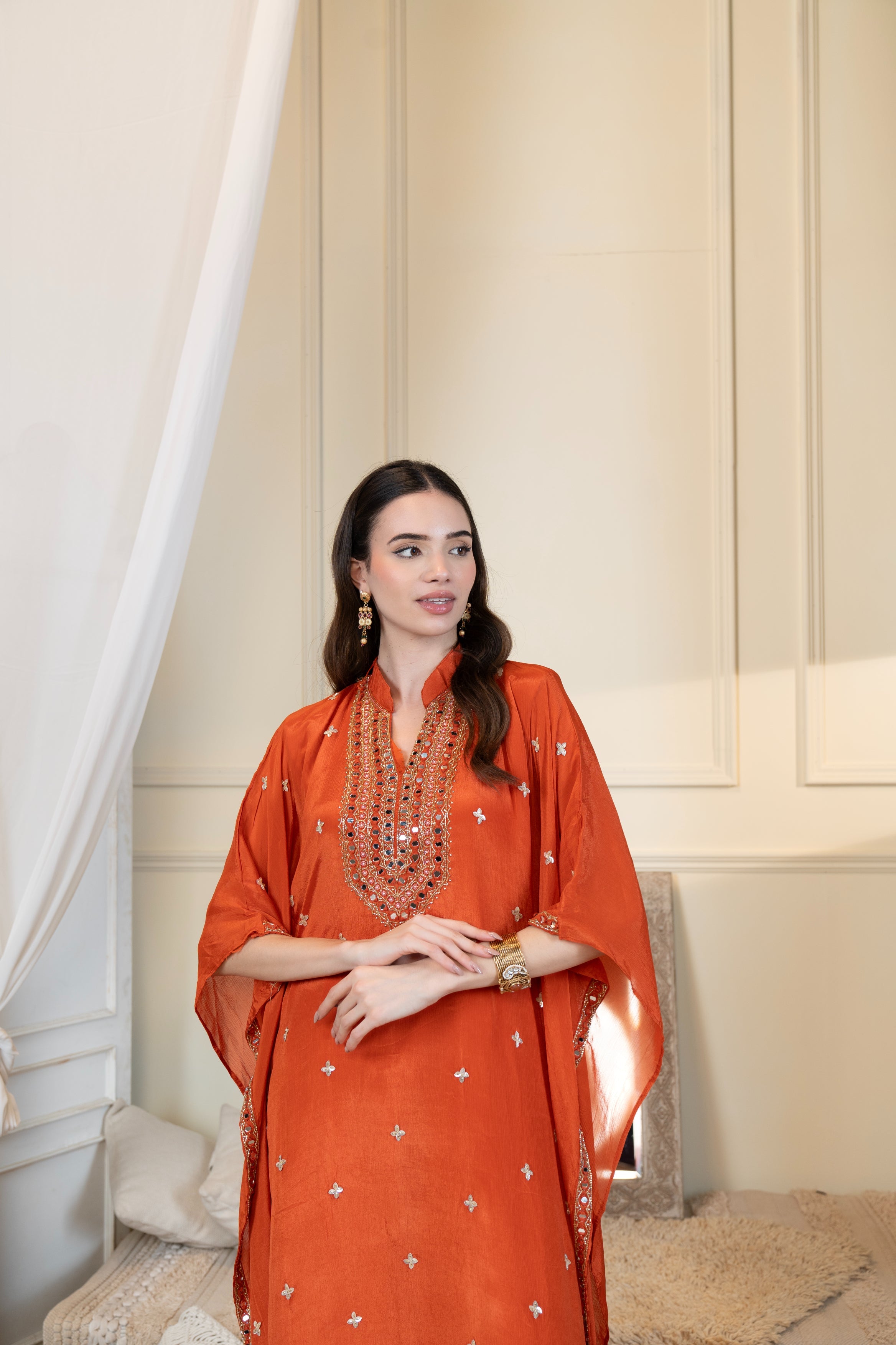 Marigold Muse Embellished Crepe Silk Kaftan Set