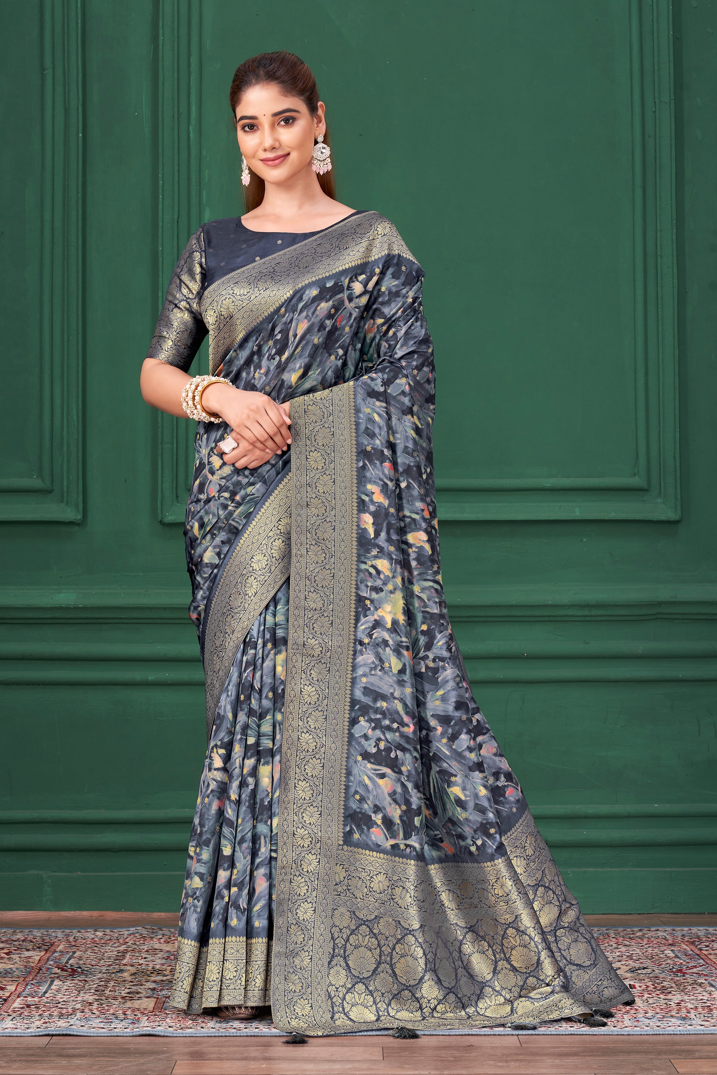 Blue Digital Printed Tussar Silk Saree