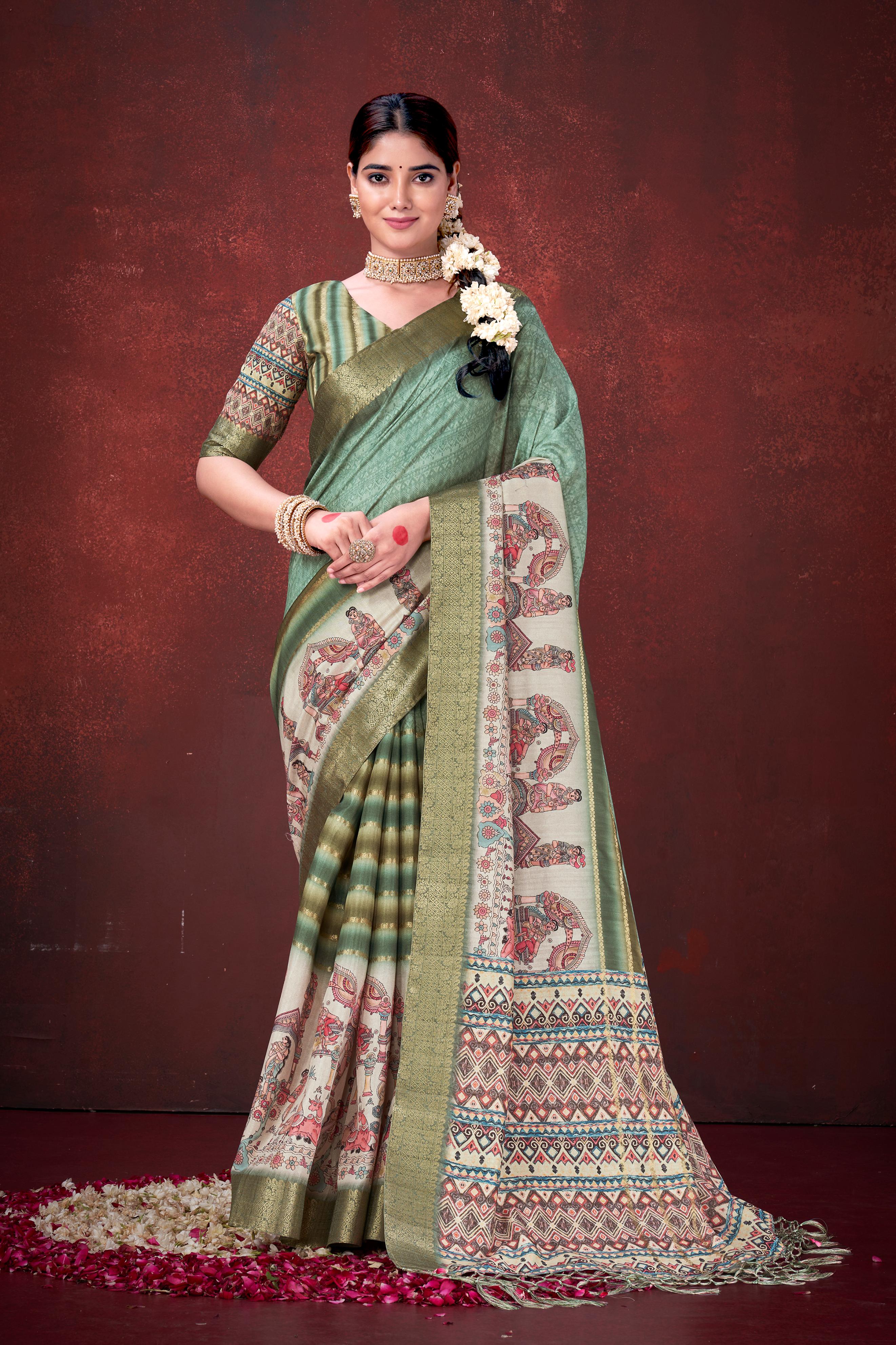 Green Premium Silk Saree with Foil Floral Print