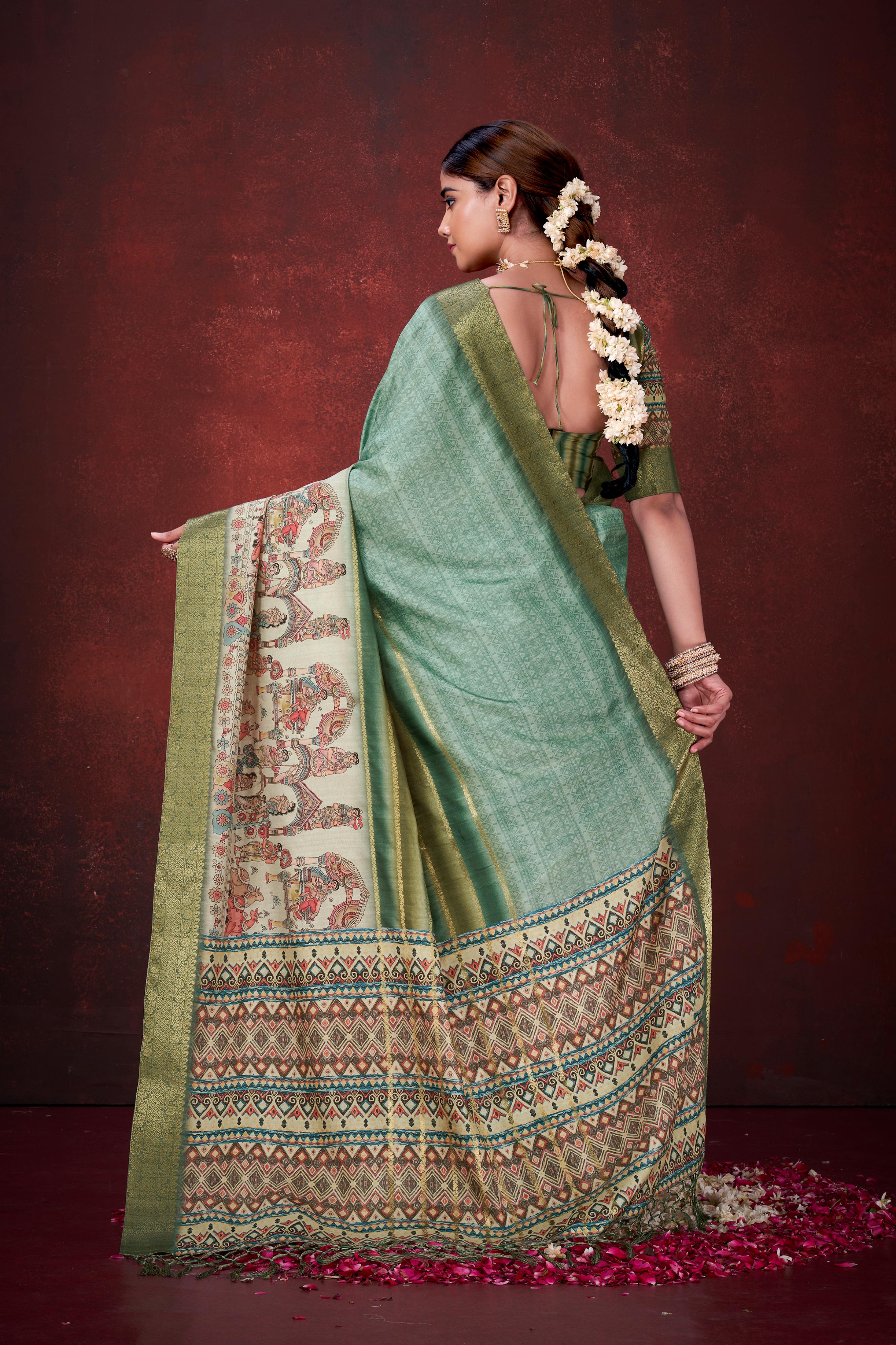Green Premium Silk Saree with Foil Floral Print