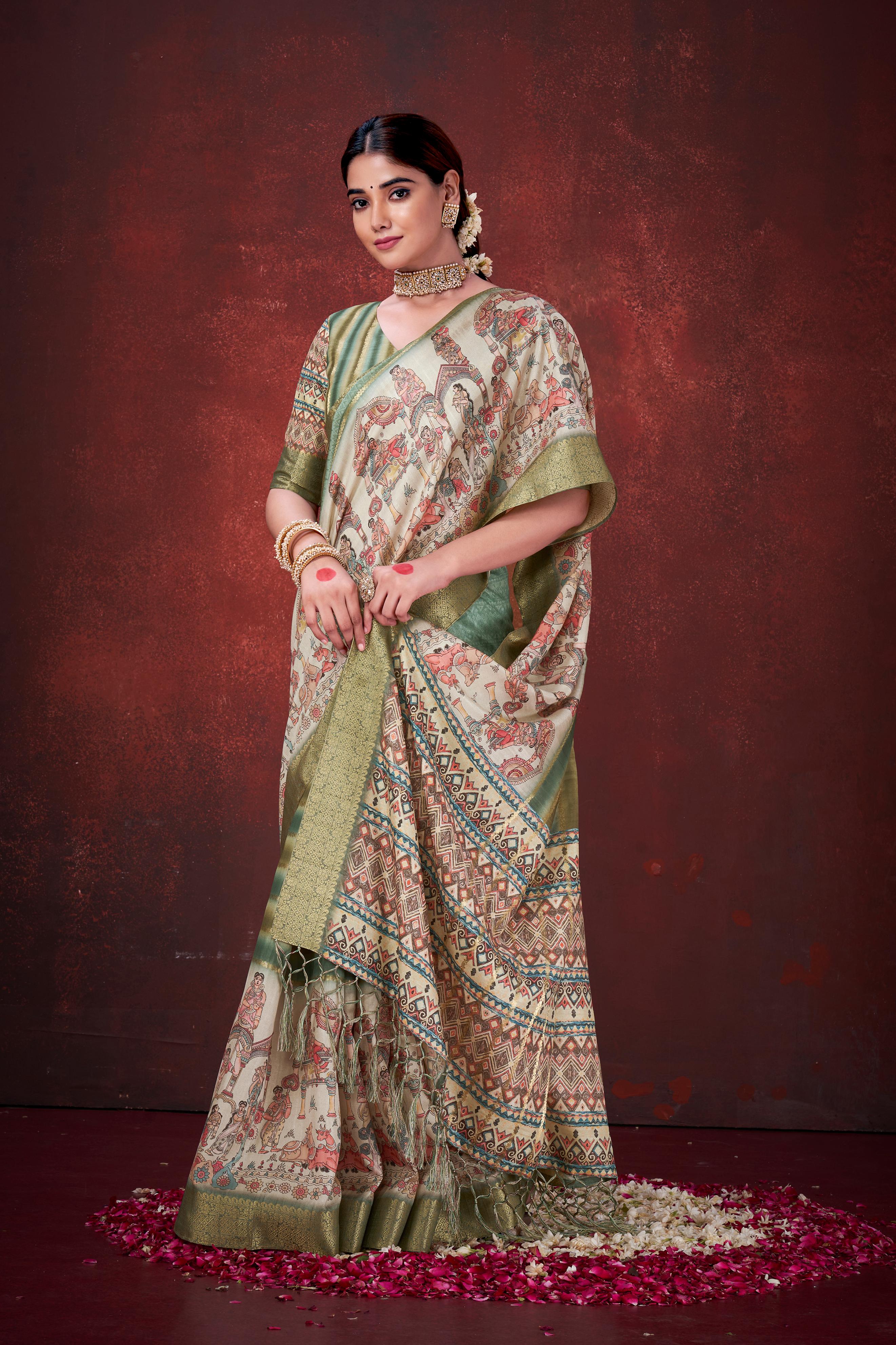 Green Premium Silk Saree with Foil Floral Print