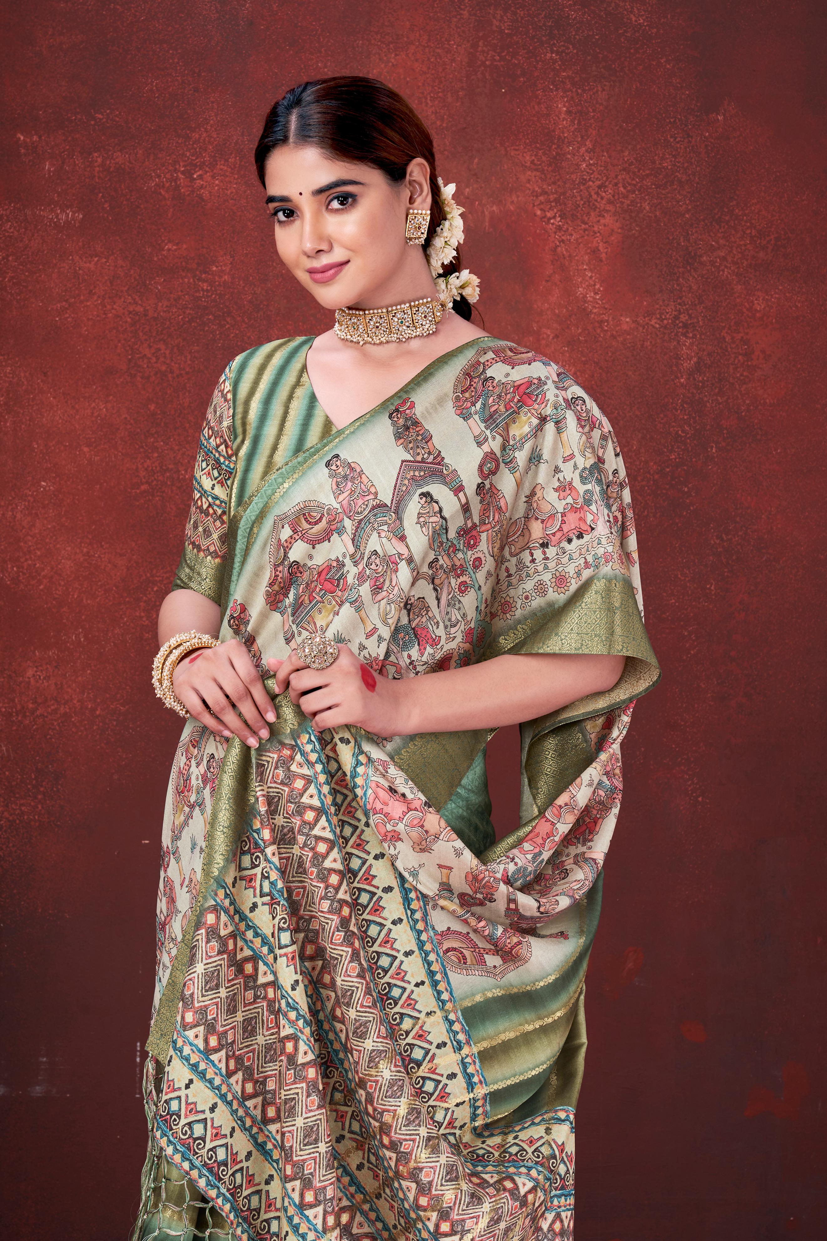 Green Premium Silk Saree with Foil Floral Print