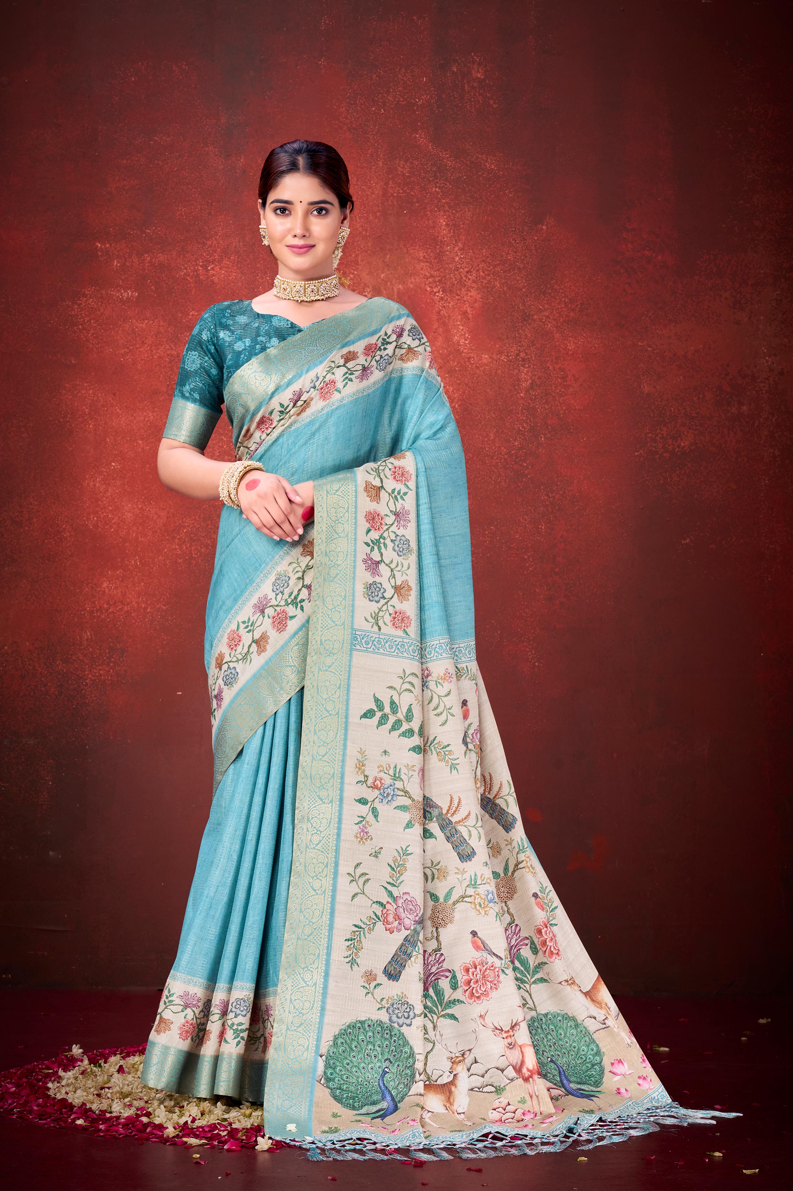 Rama Kantha Zari Silk Saree with Printed Pallu