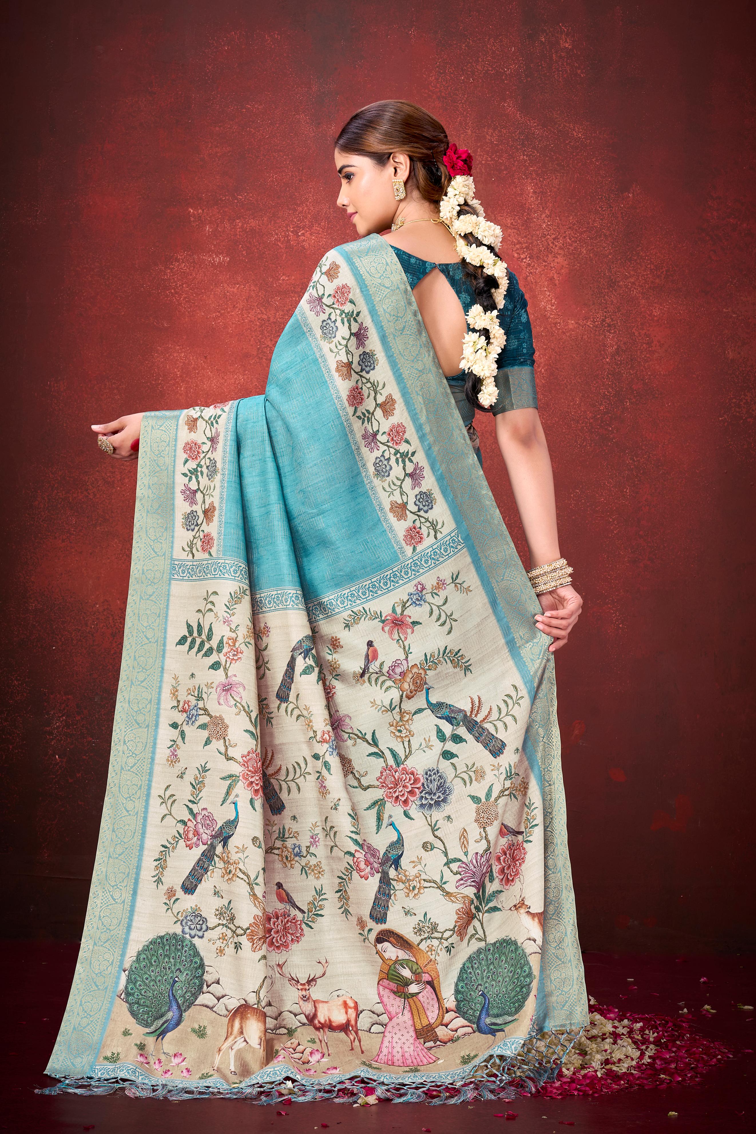 Rama Kantha Zari Silk Saree with Printed Pallu