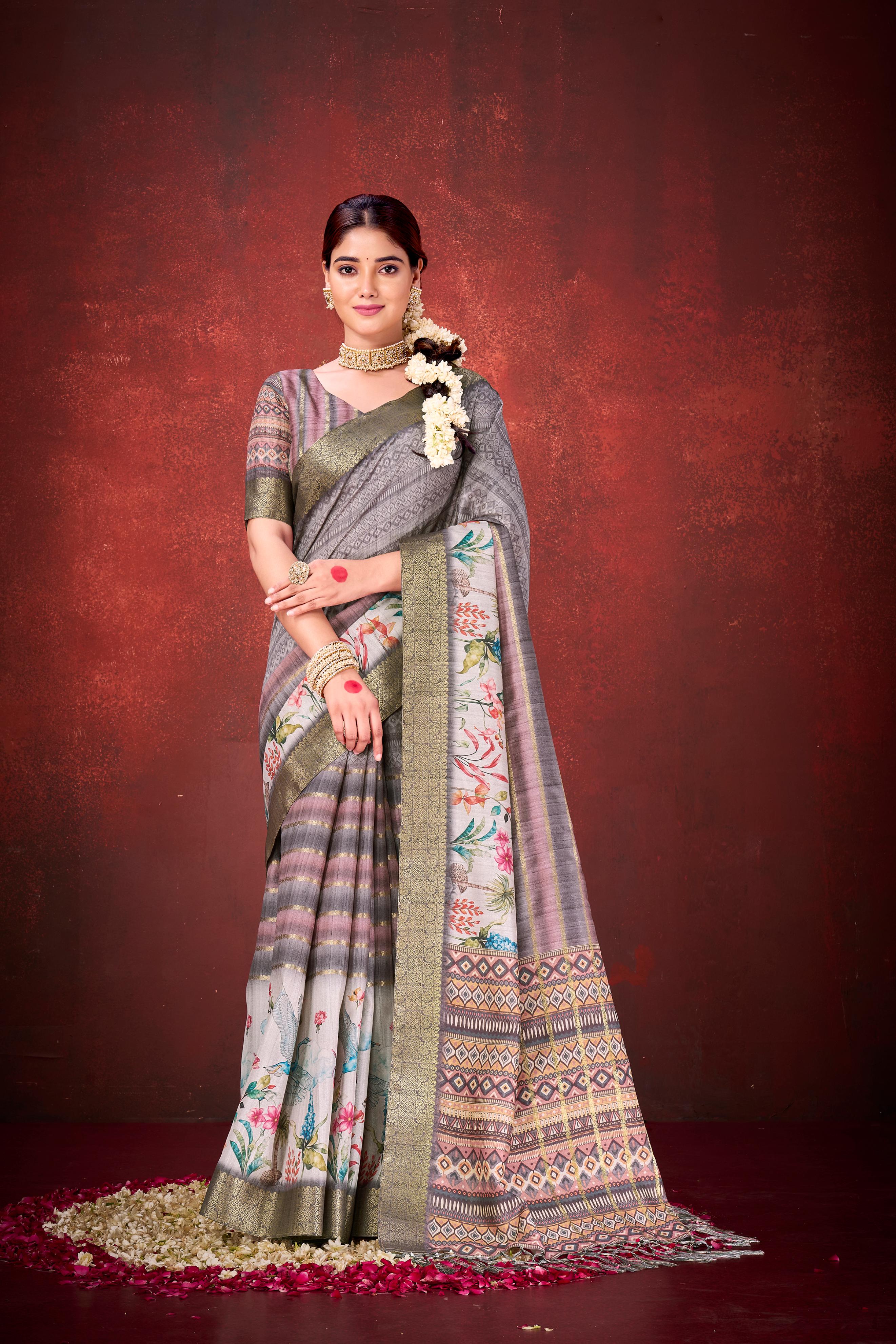 Grey Muga Silk Printed Saree