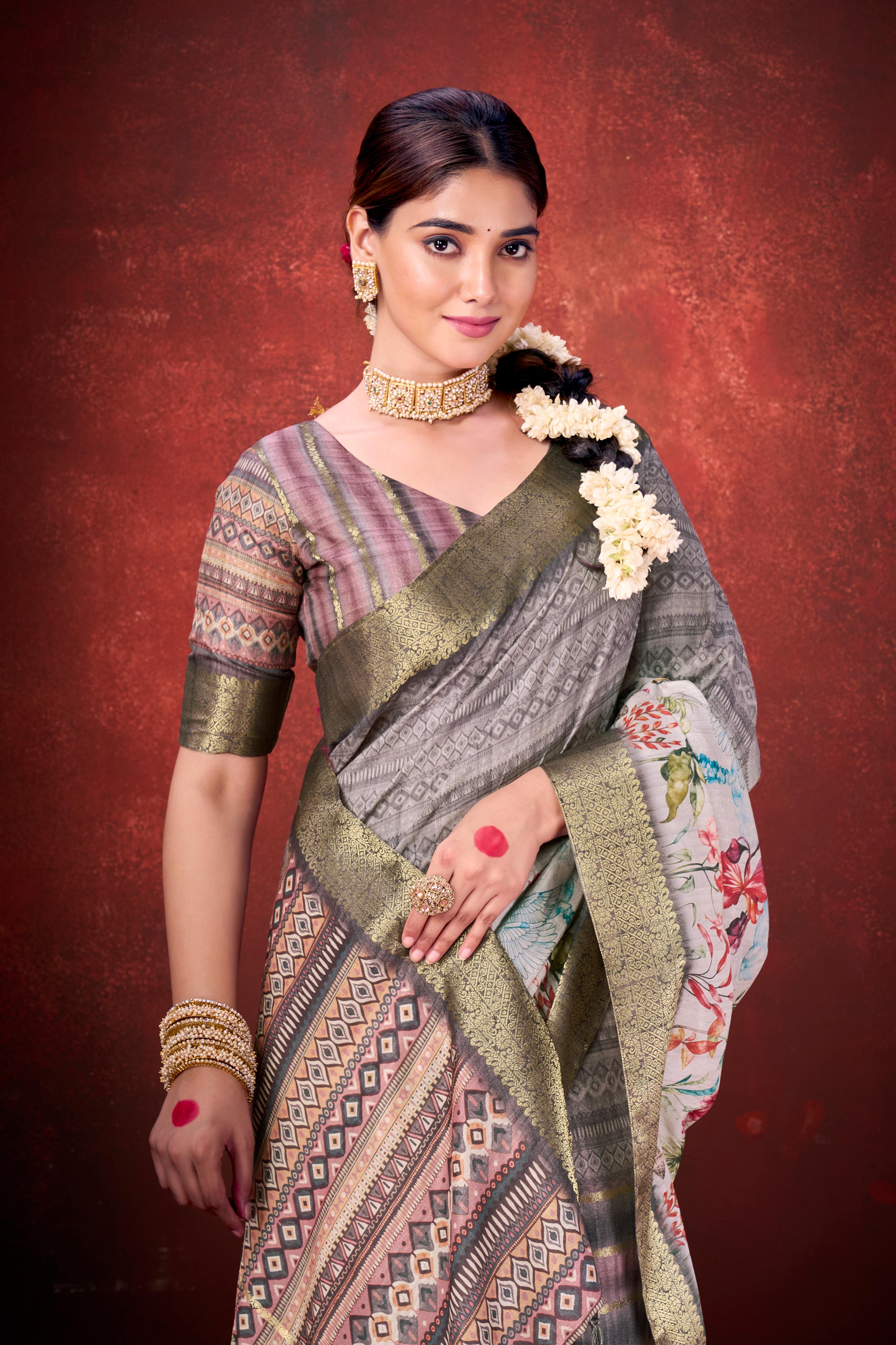 Grey Muga Silk Printed Saree