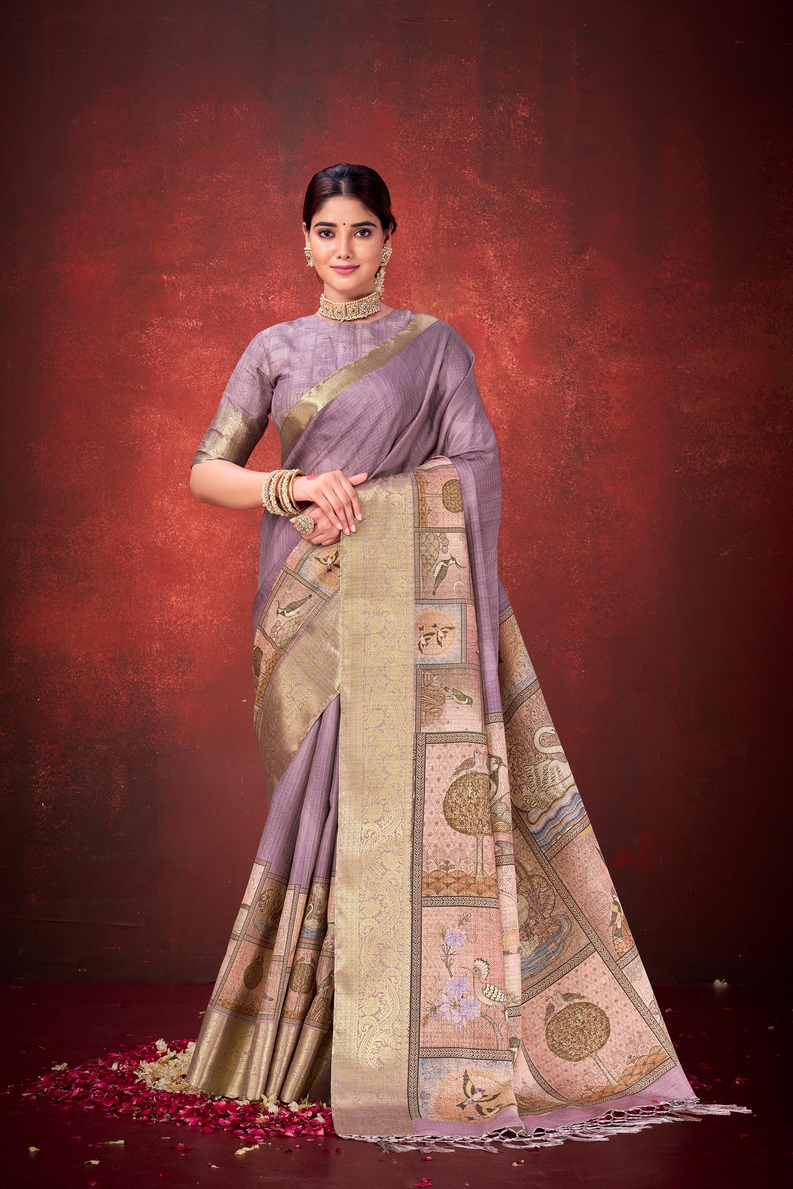Lavender Cora Check Silk Printed Saree