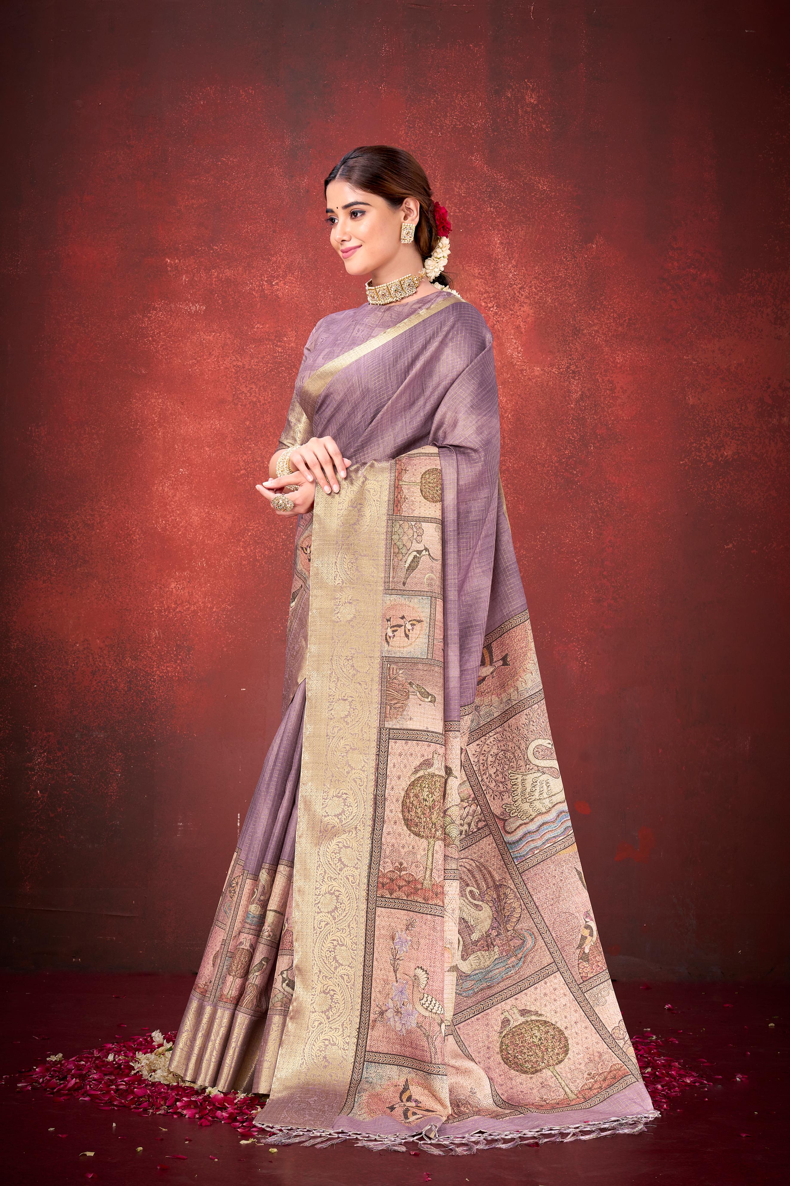 Lavender Cora Check Silk Printed Saree
