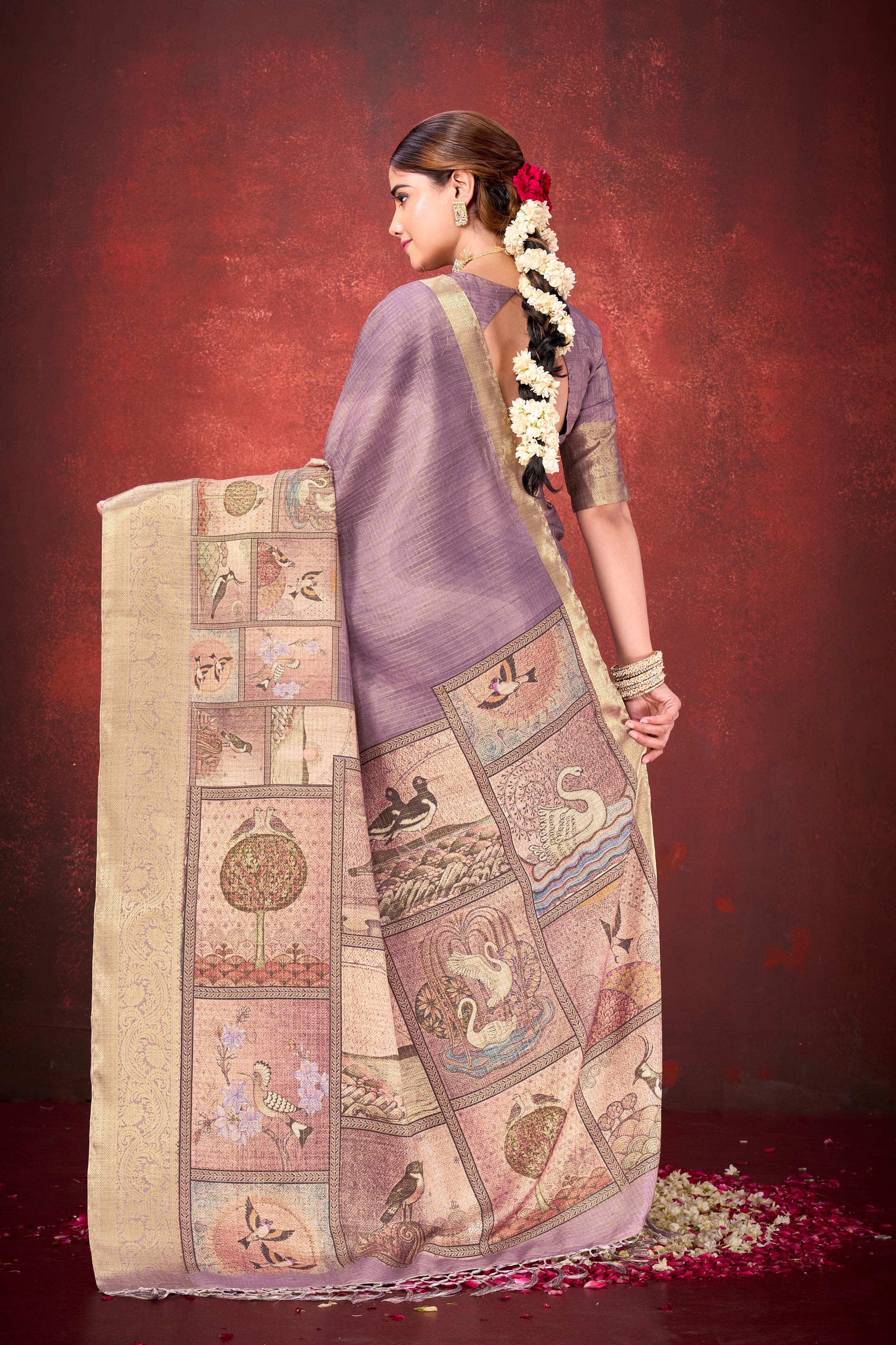 Lavender Cora Check Silk Printed Saree