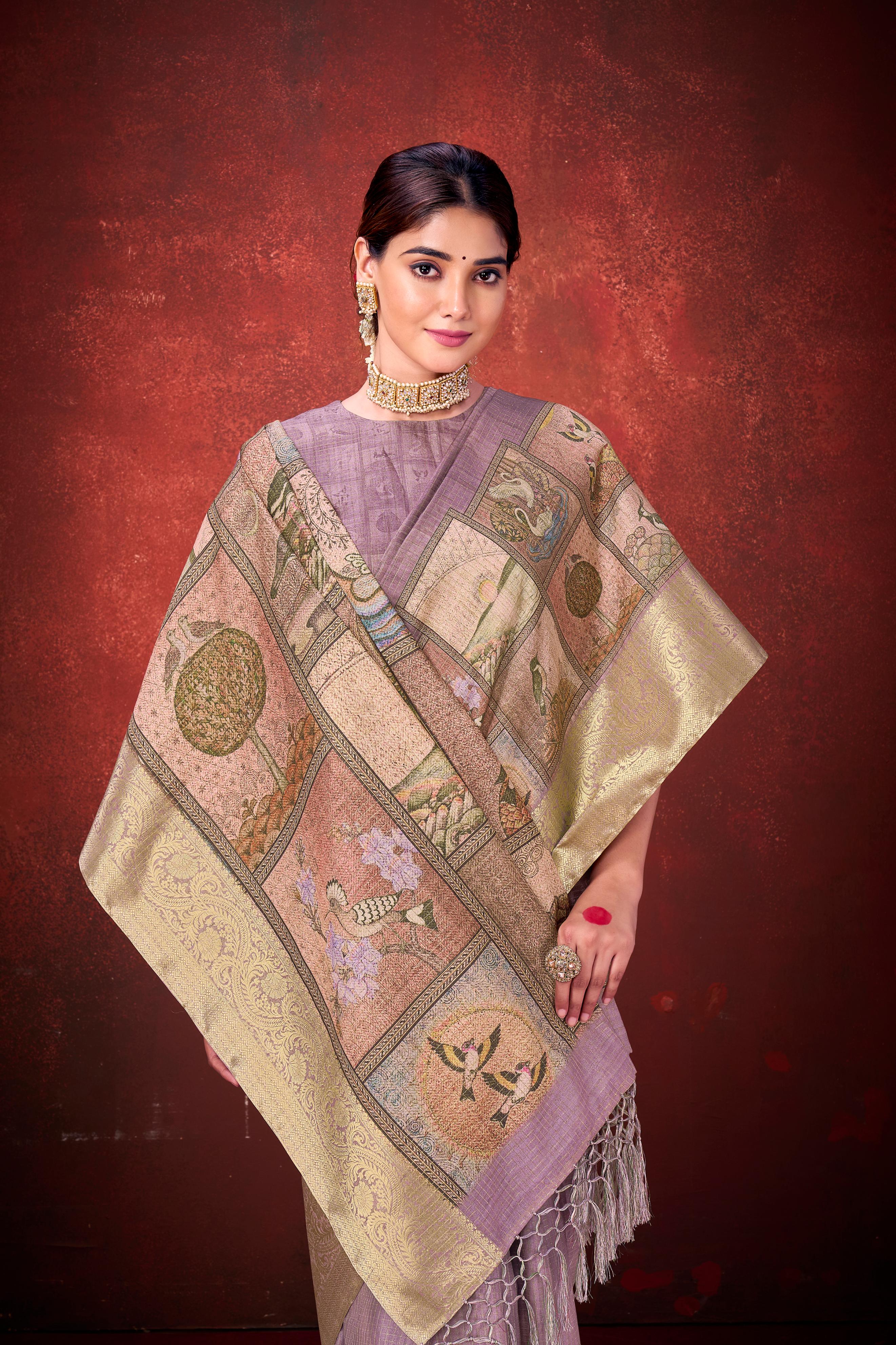 Lavender Cora Check Silk Printed Saree