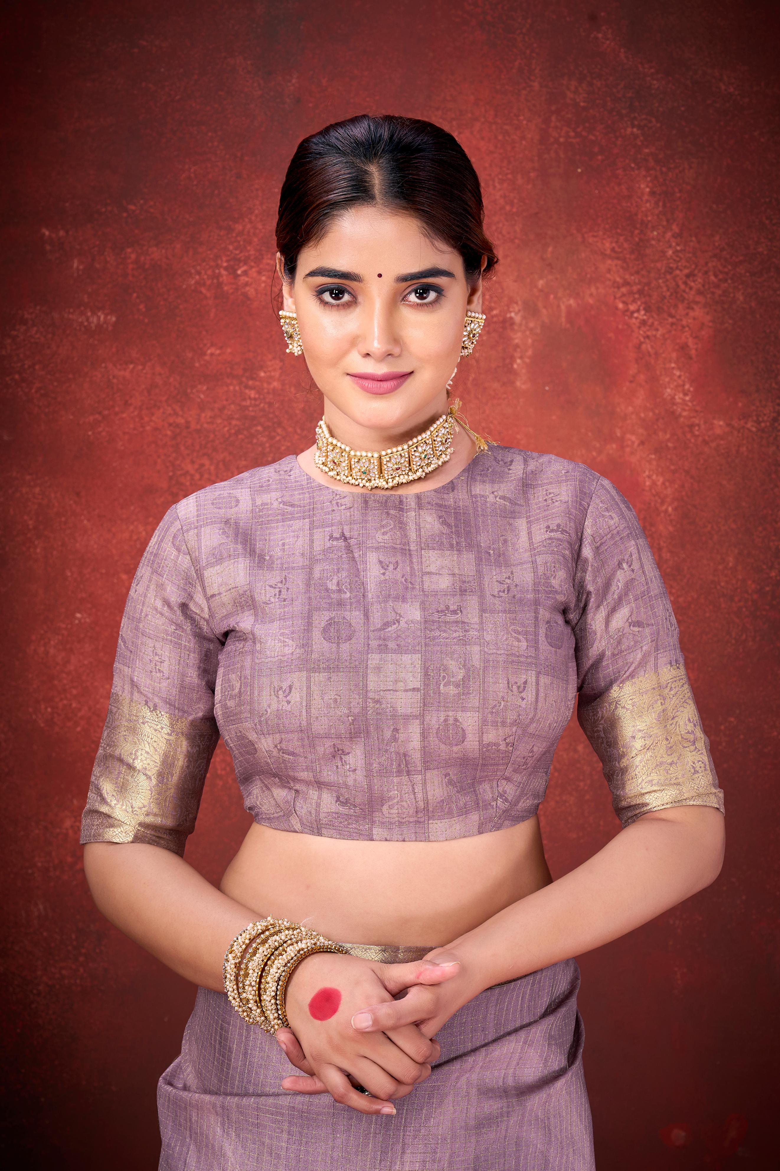 Lavender Cora Check Silk Printed Saree