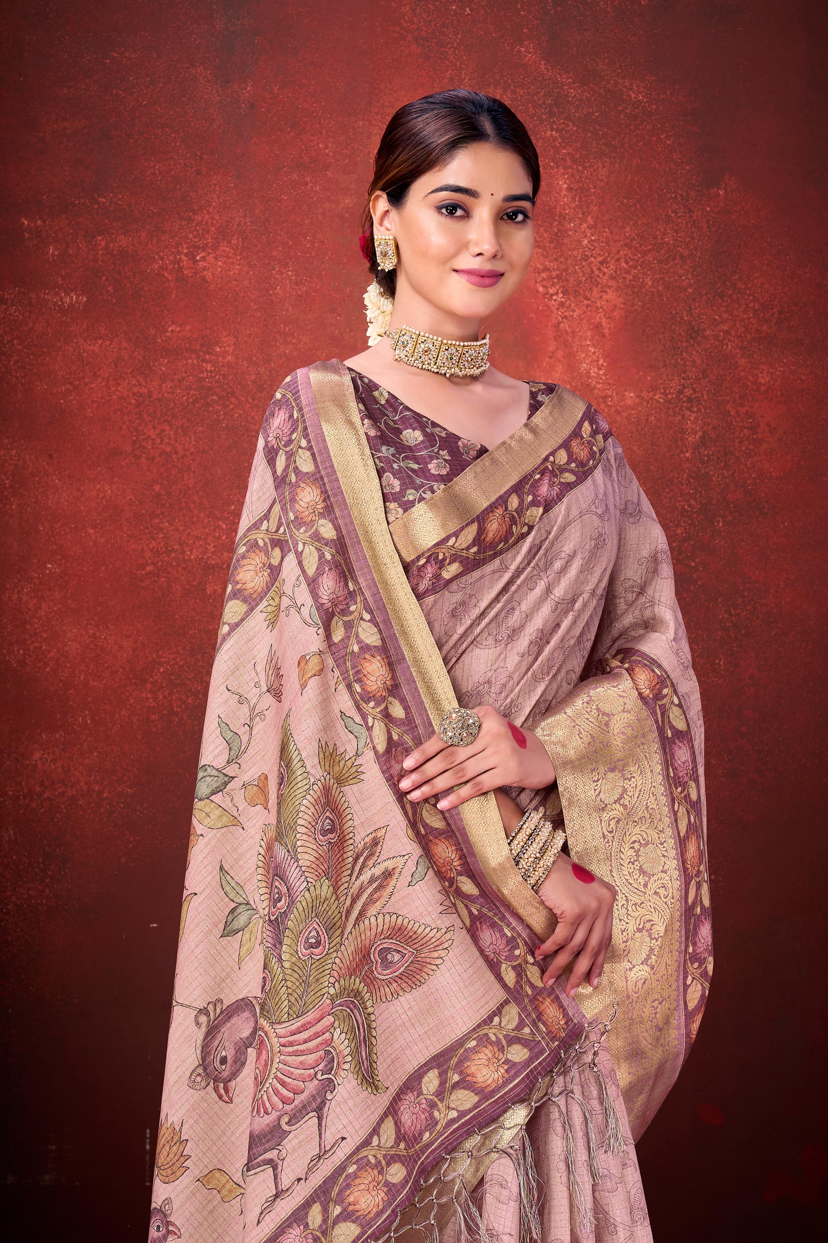 Blush Pink Cora Check Silk Printed Saree