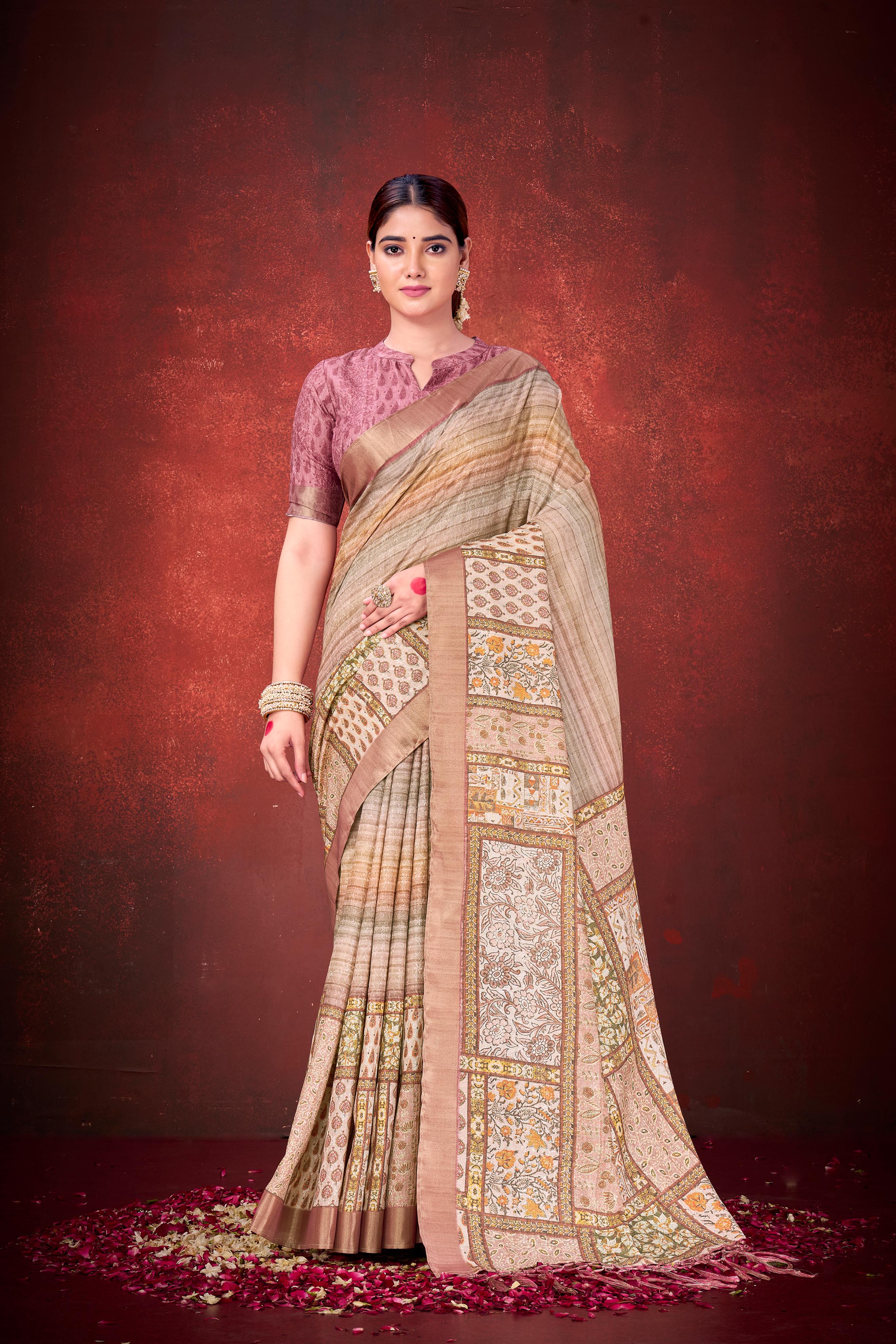 Mauve Pink Spun Silk Printed Saree