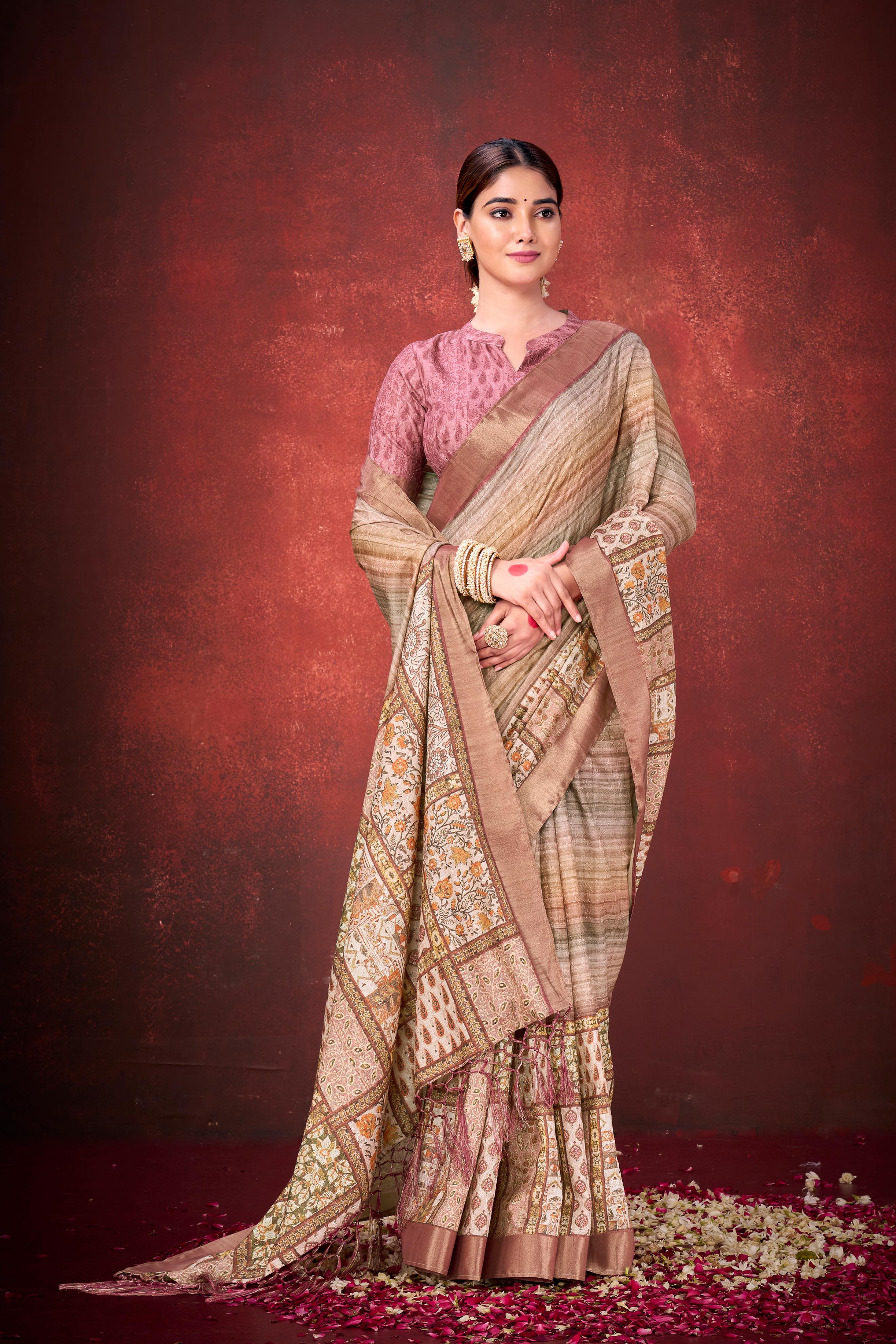 Mauve Pink Spun Silk Printed Saree