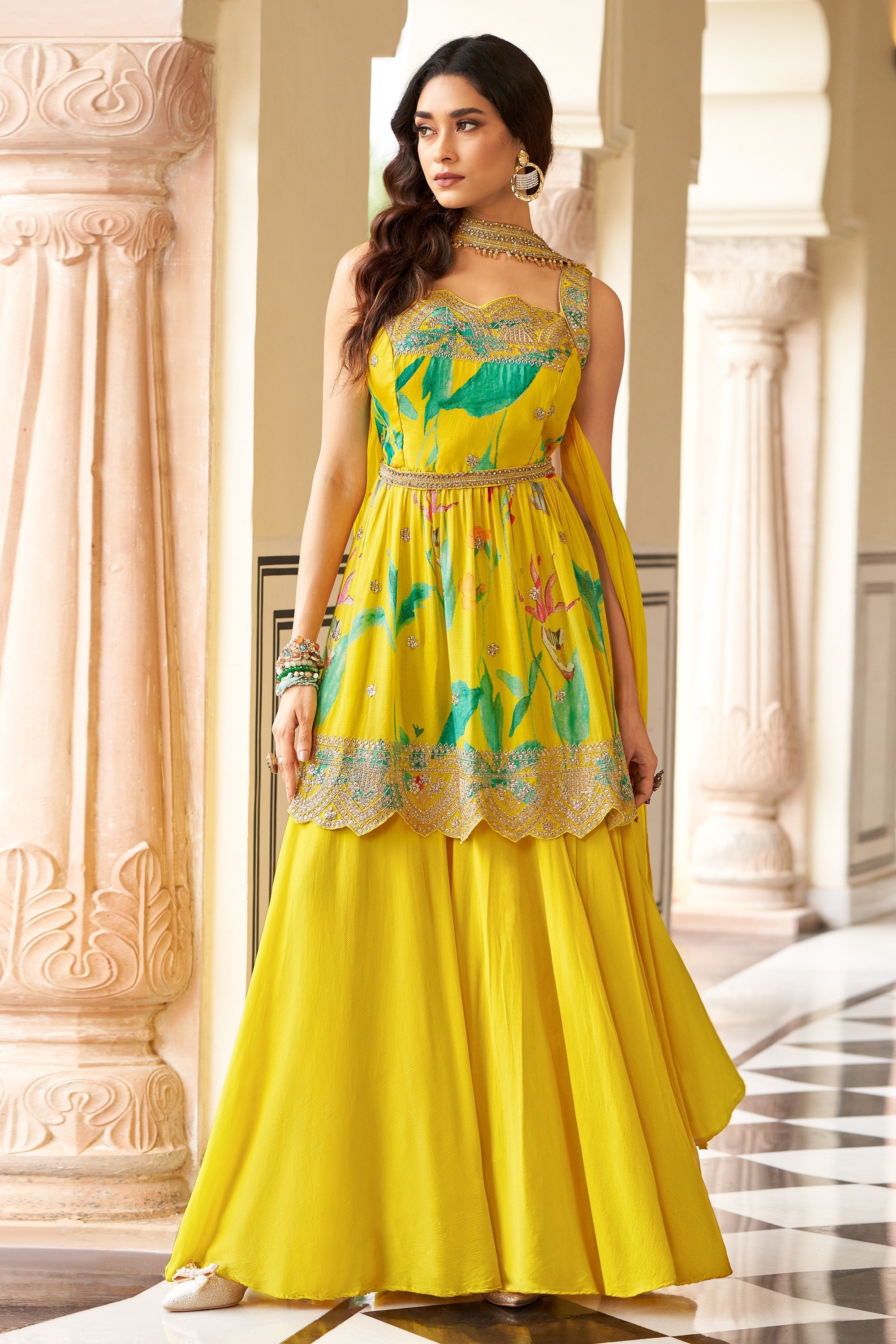 Bright Yellow Floral Printed Georgette Silk Palazzo Set