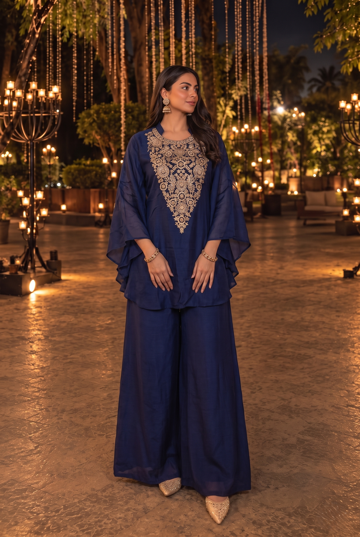 Midnight Blue Embellished Raw Silk Co-Ord Set