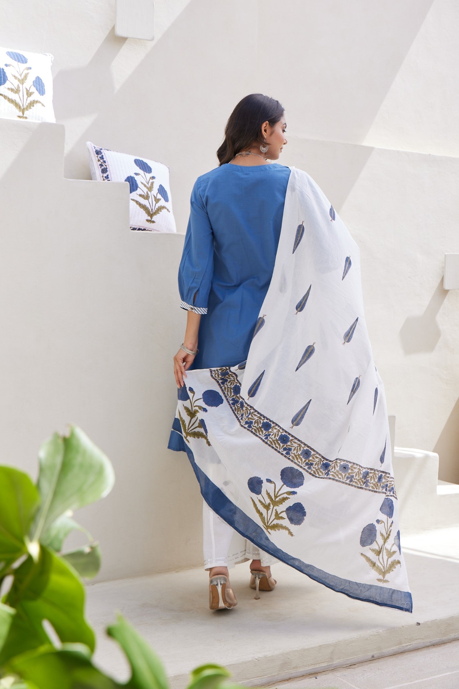 Blue Floral Printed Cotton Silk Palazzo Set