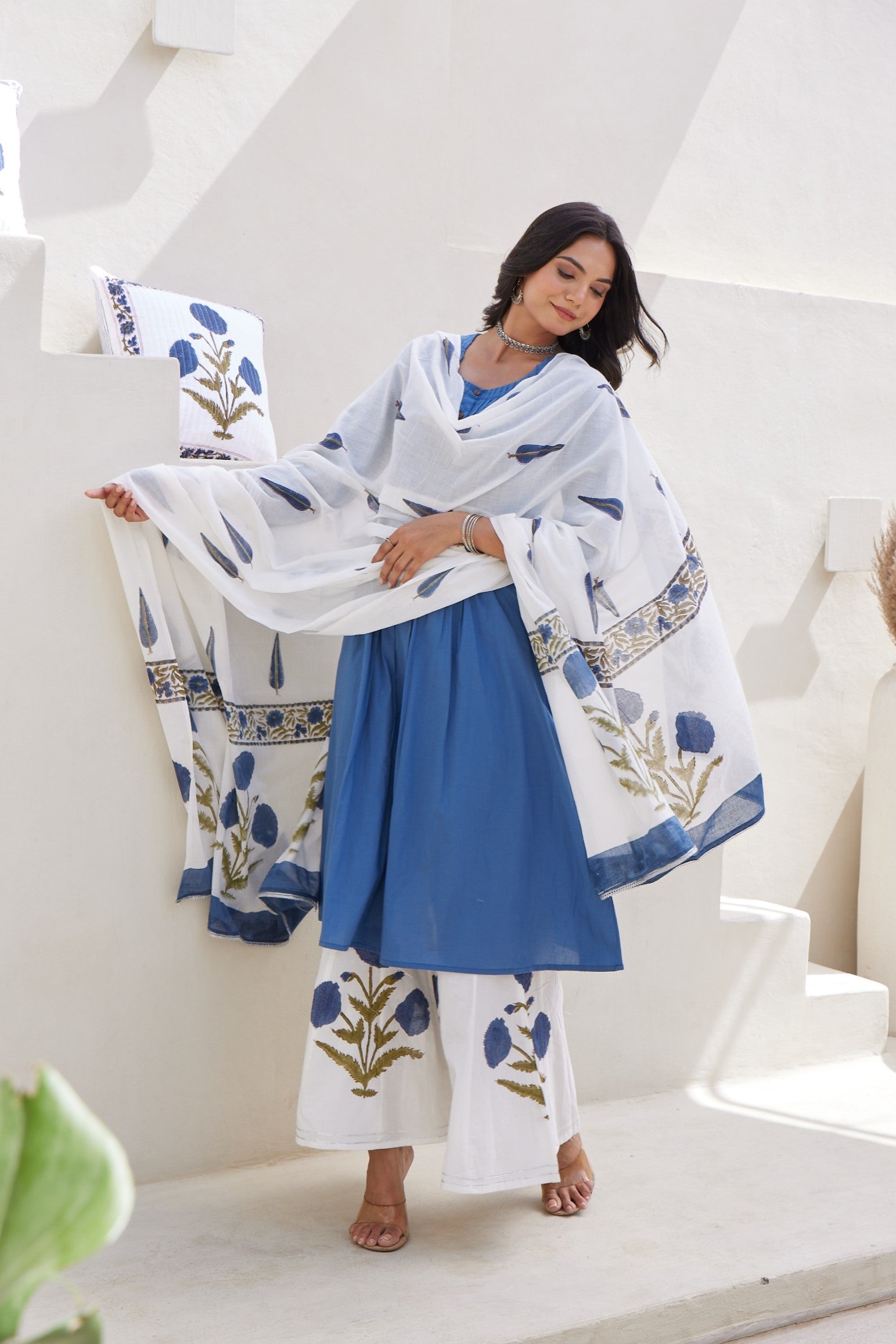 Blue Floral Printed Cotton Silk Palazzo Set