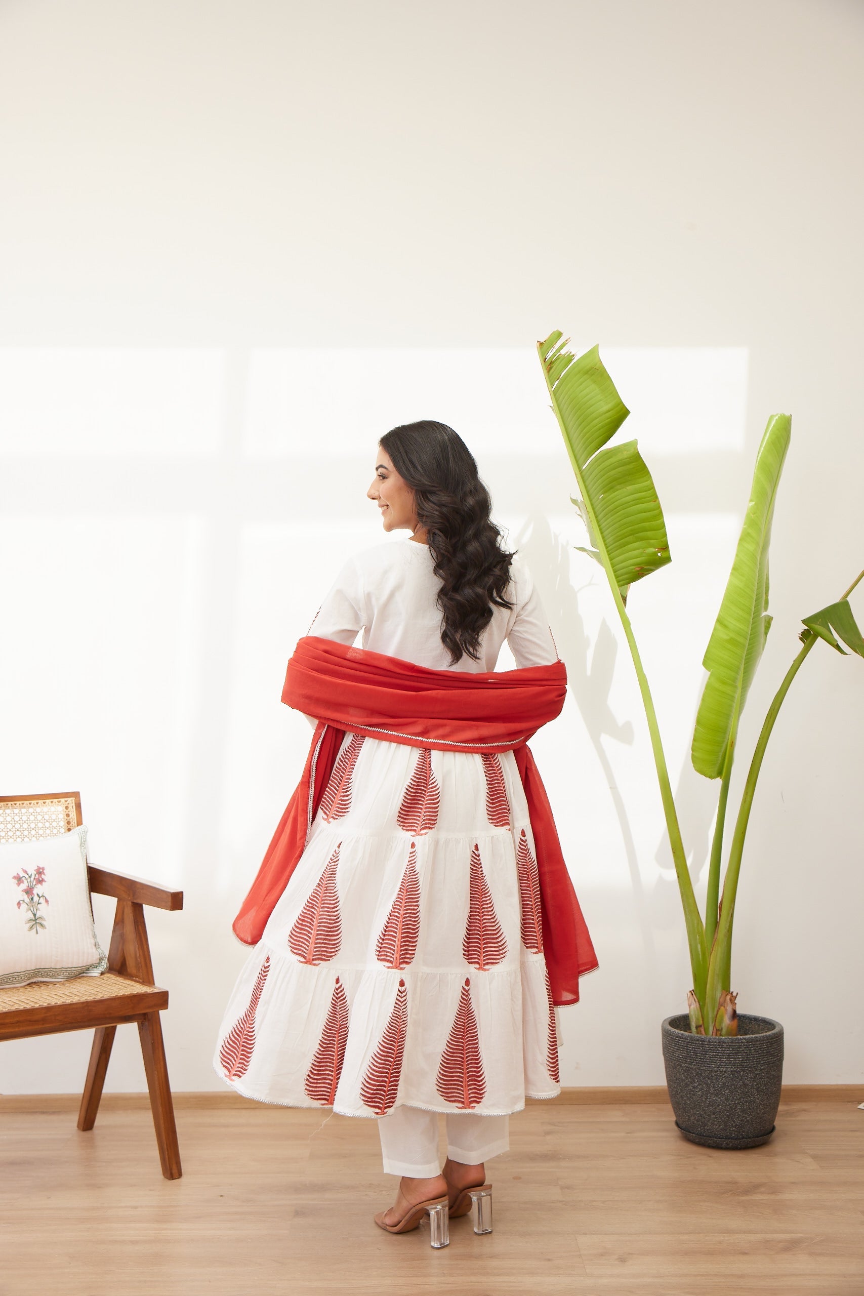 White & Red Digital Printed Cotton Silk Anarkali Set
