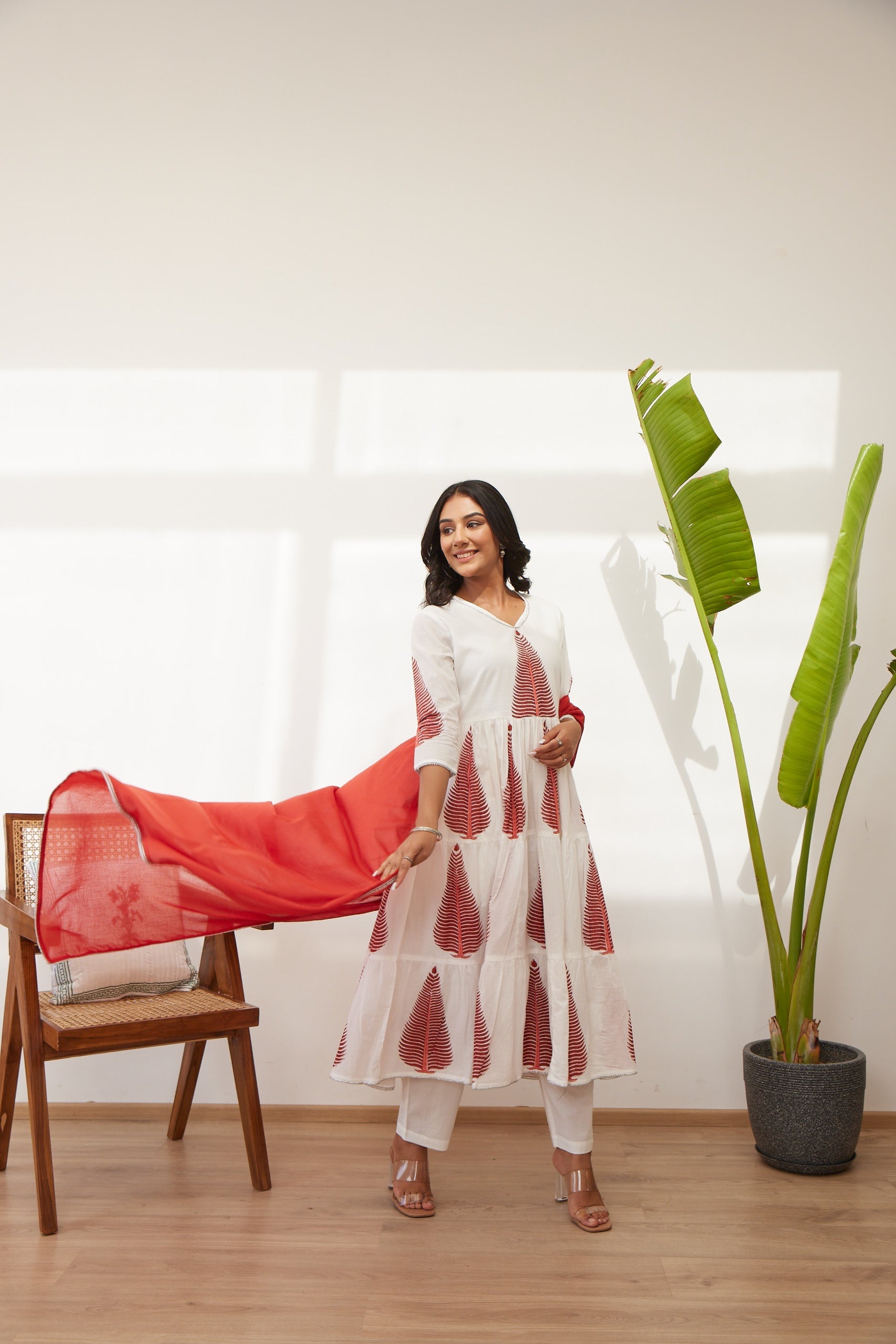 White & Red Digital Printed Cotton Silk Anarkali Set
