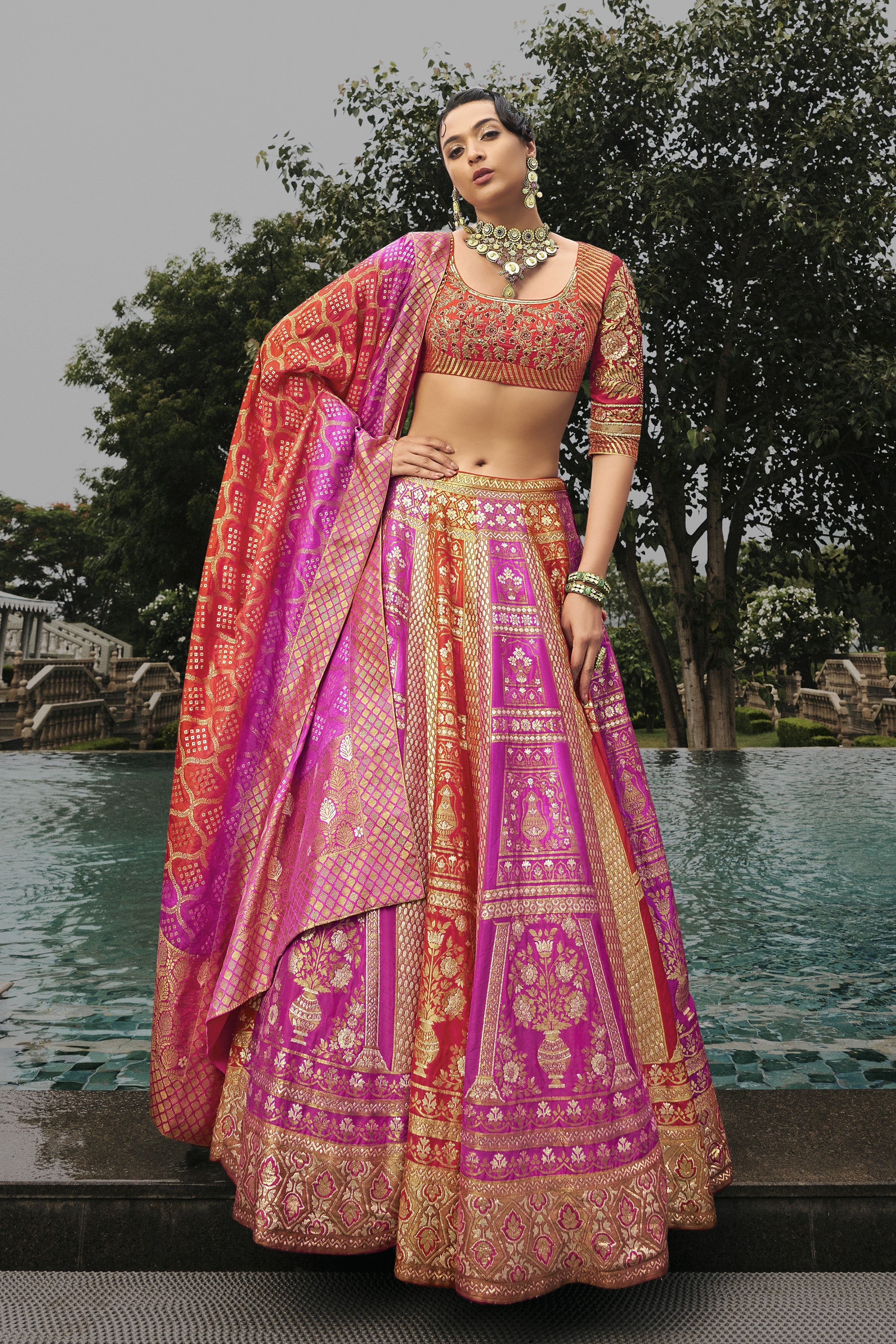 Orange Embellished Banarasi Silk Lehenga Set