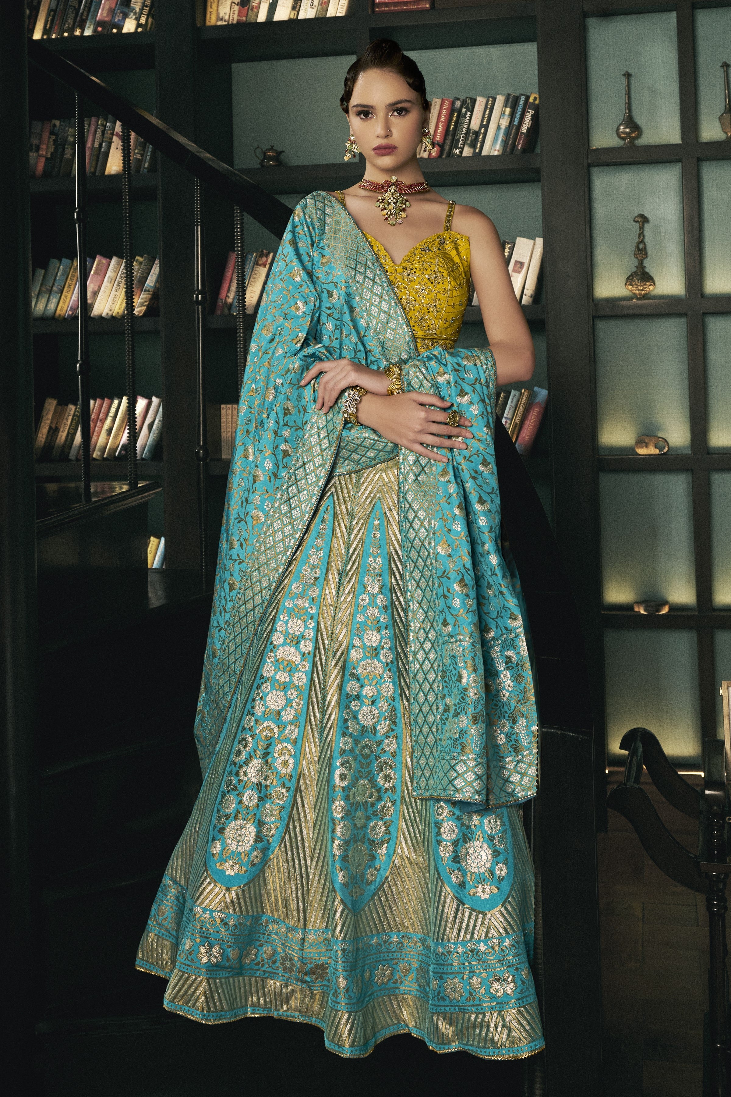 Light Teal Embellished Brocade Silk Lehenga Set