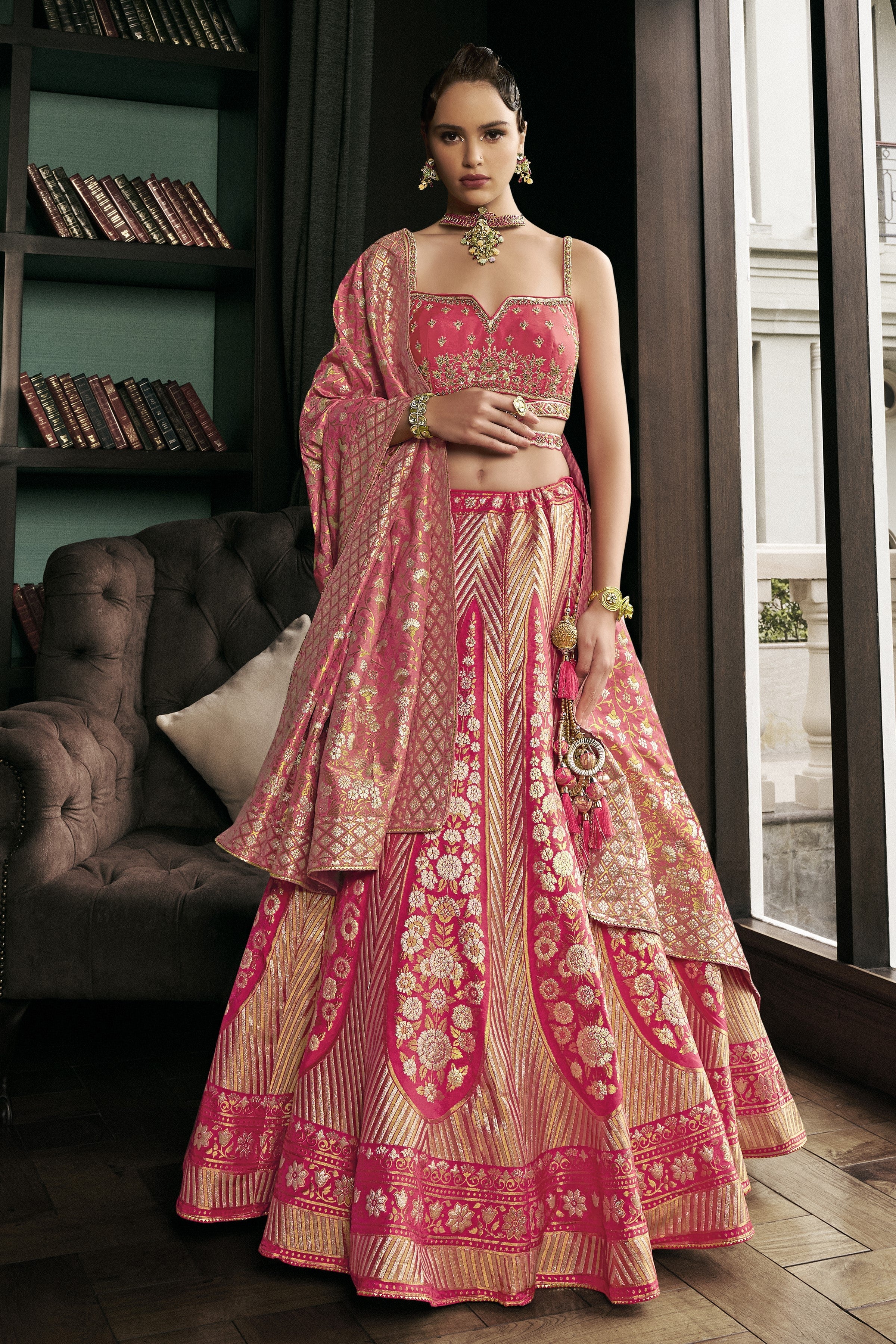 Rose Gold Embellished Brocade Silk Lehenga Set