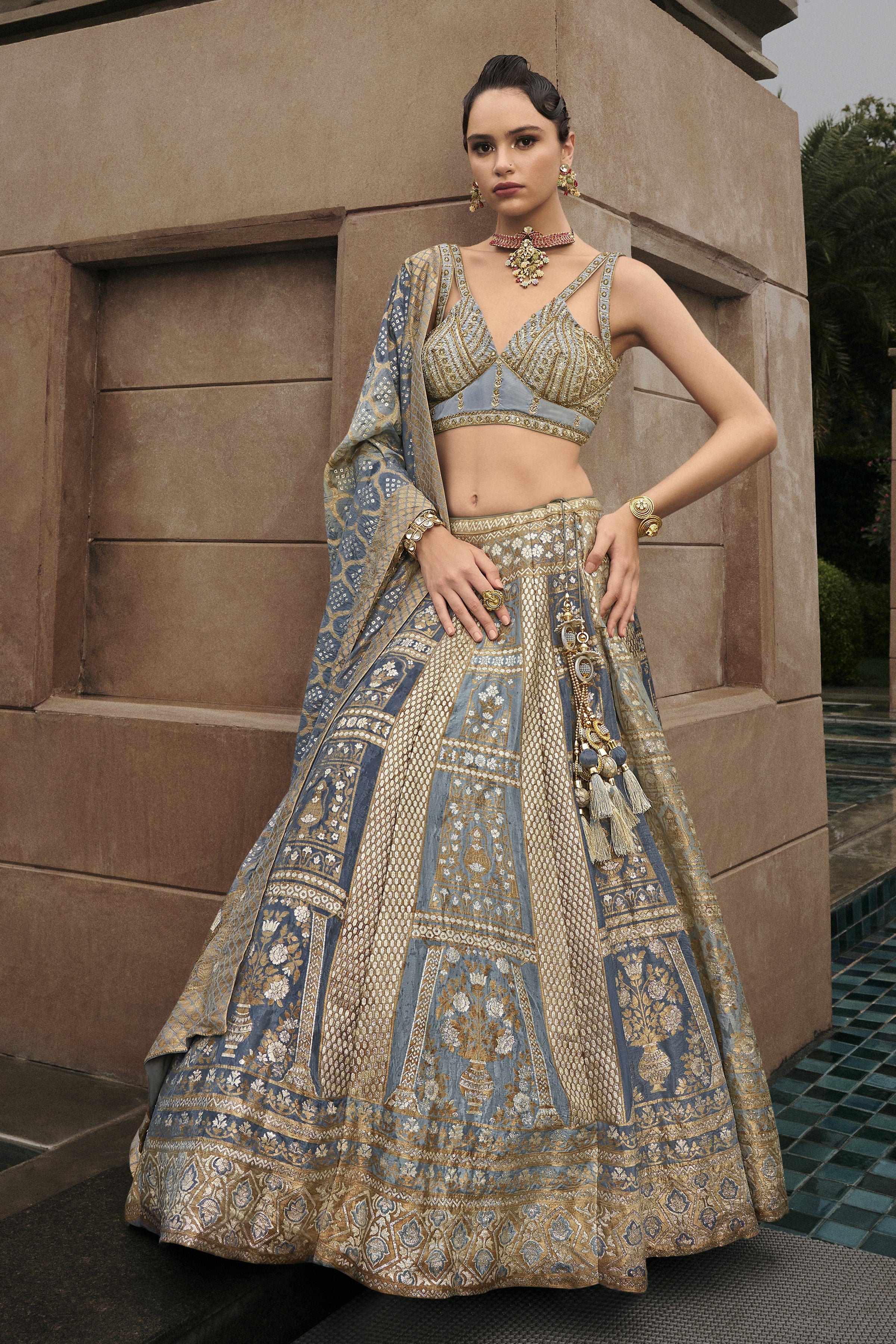 Silver Embellished Brocade Silk Lehenga Set