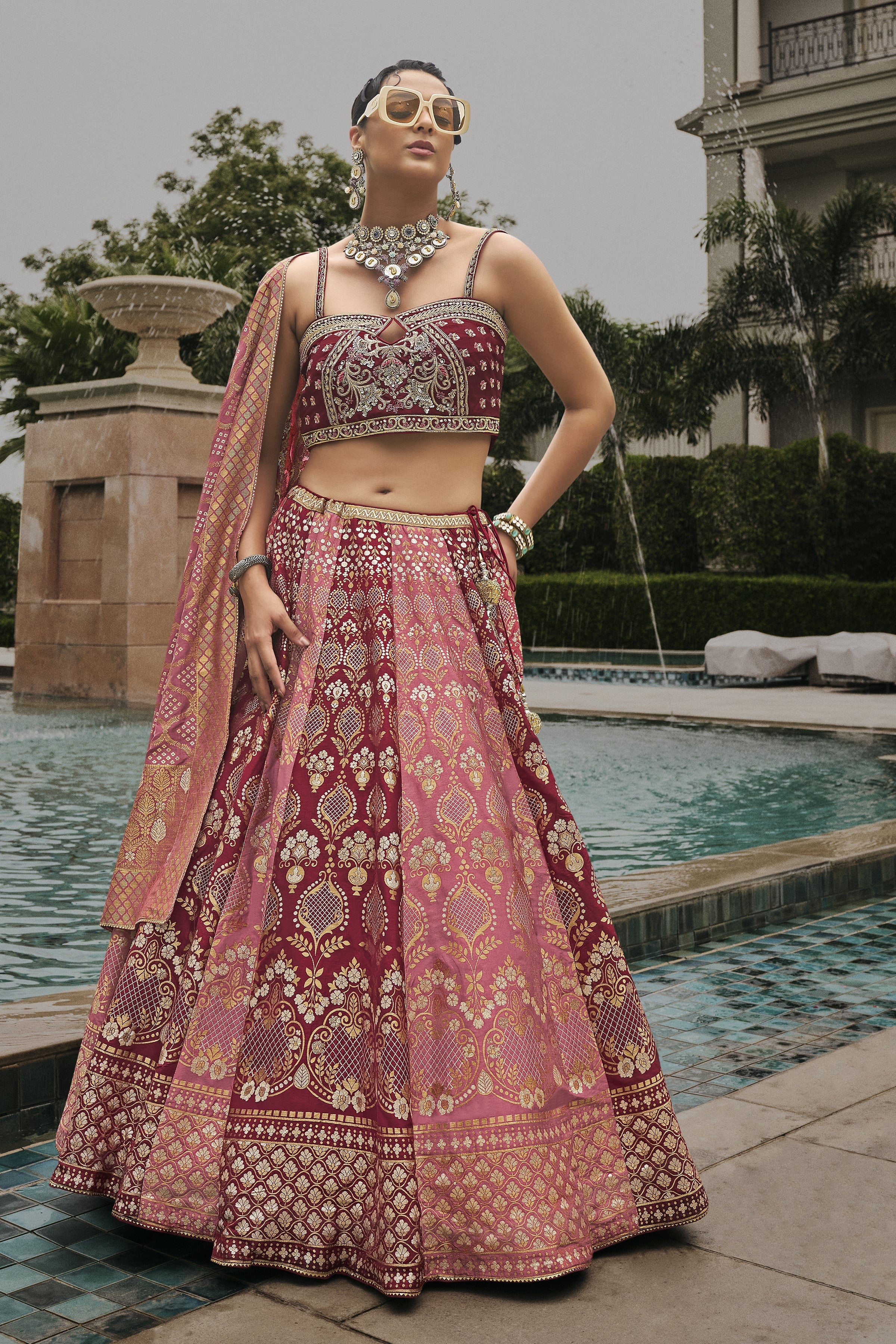 Maroon Embellished Brocade Silk Lehenga Set