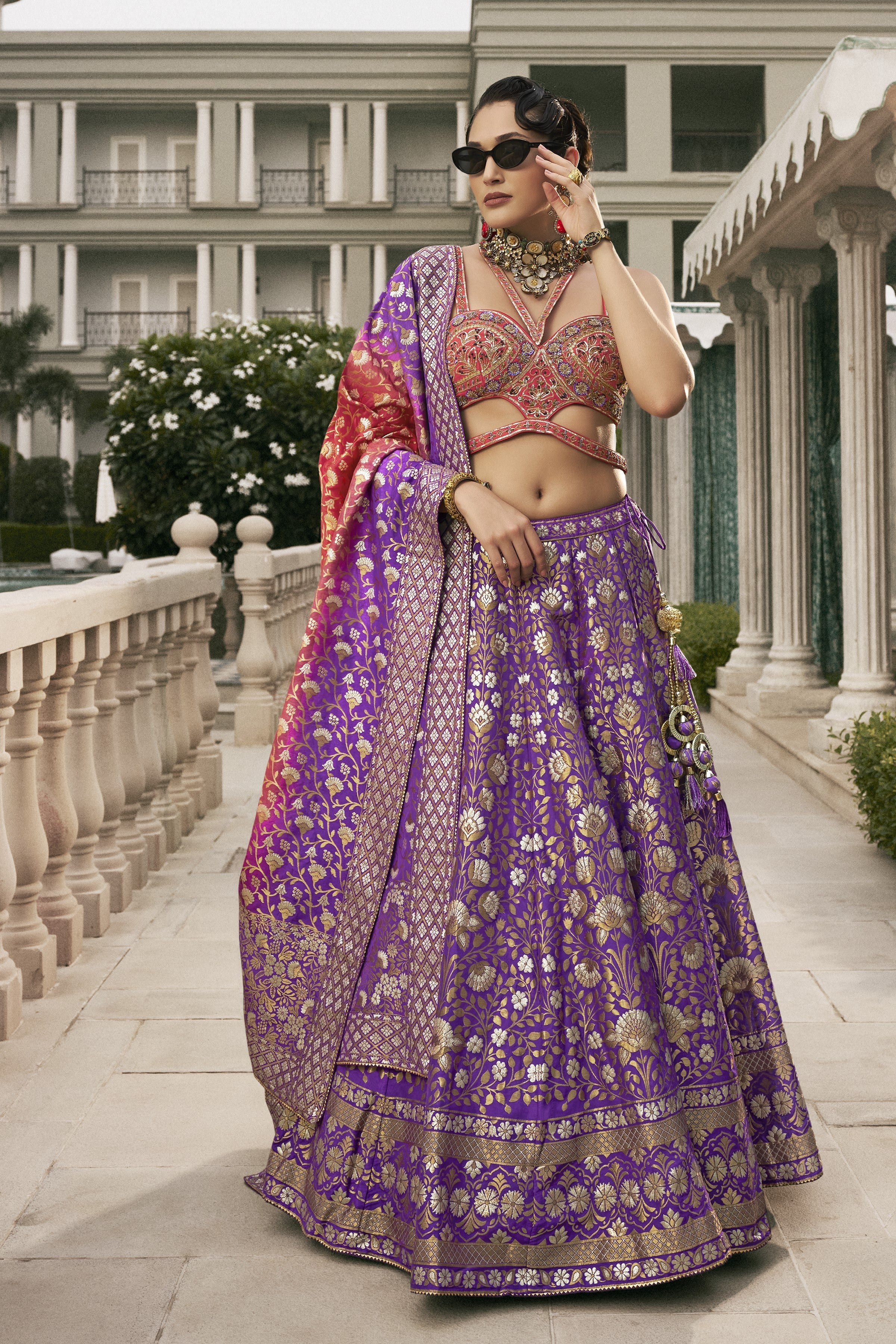 Purple Embellished Brocade Silk Lehenga Set