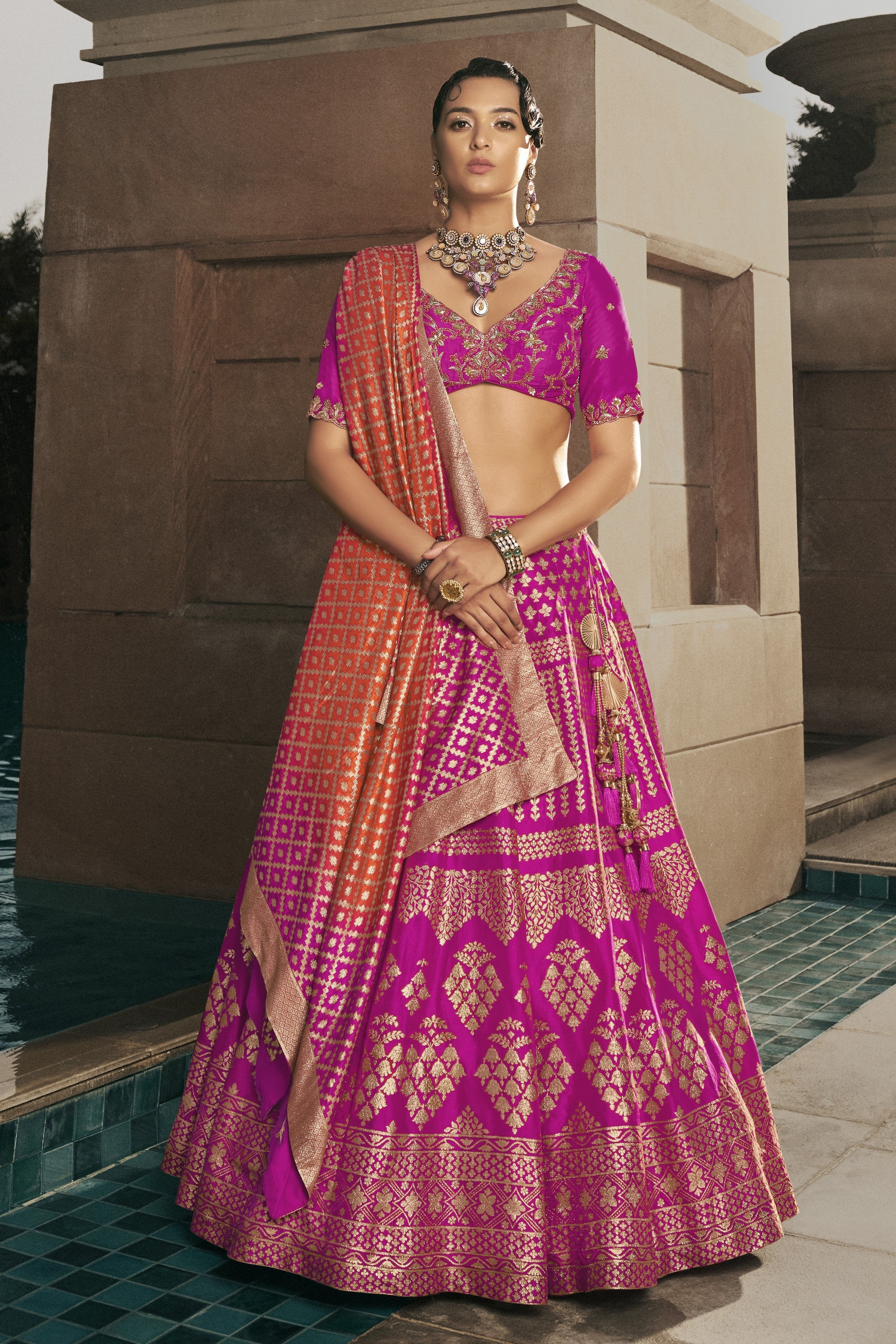 Pink Embellished Banarasi Silk Lehenga Set