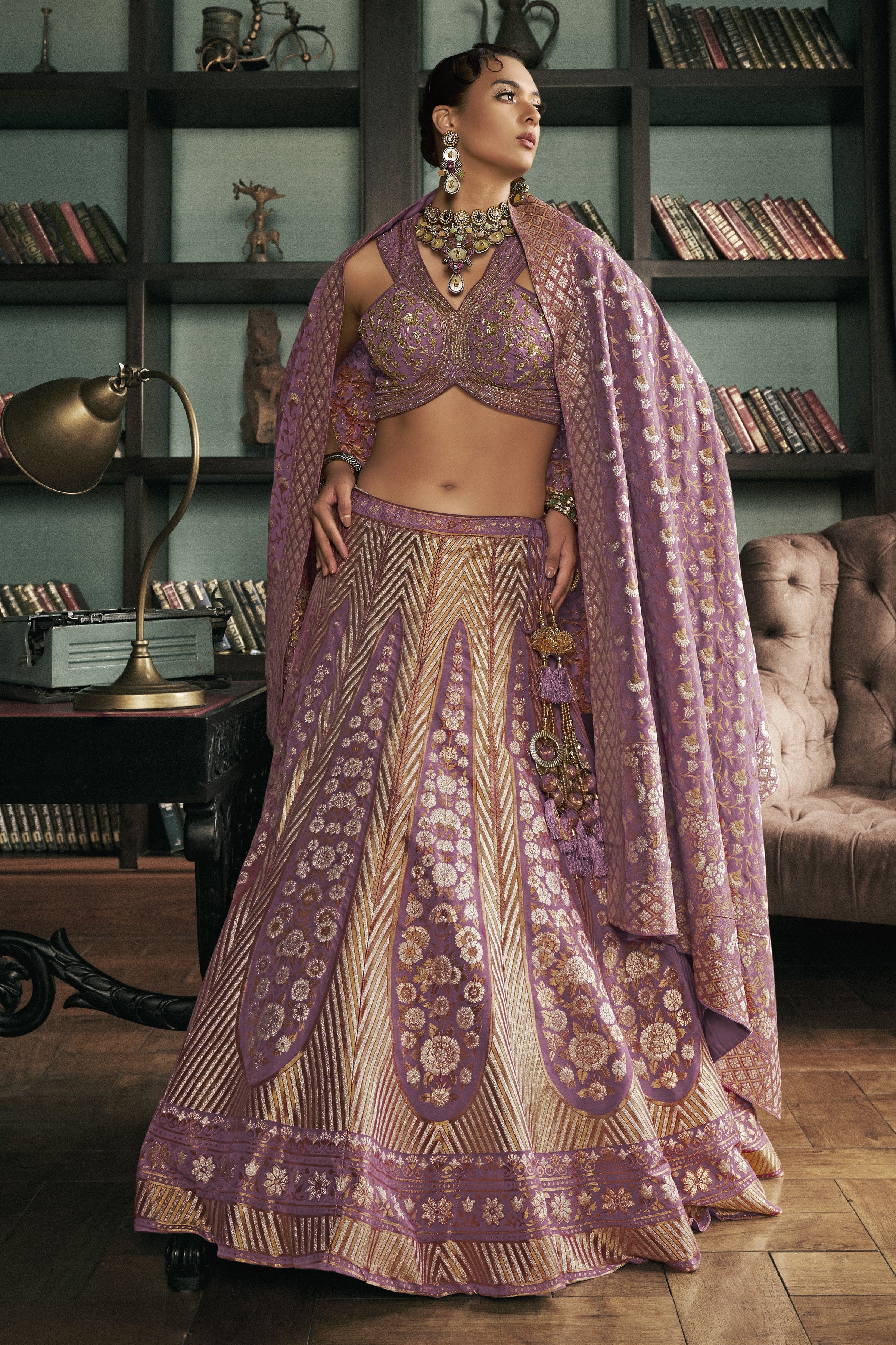 Mauve Embellished Brocade Silk Lehenga Set